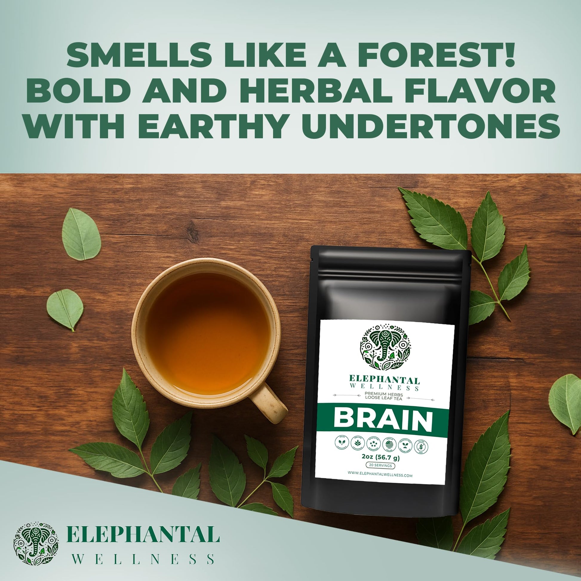 Elephantal Wellness Premium Brain Herbal Tea | Nootropic Focus & Mental Clarity with Ginkgo, Bacopa, Gotu Kola & Rosemary | Non-GMO, Caffeine-Free Coffee Alternative, Handmade Loose Leaf Blend, 2oz Loose Leaf, 20 Servings Elephantal Wellness uk supplements