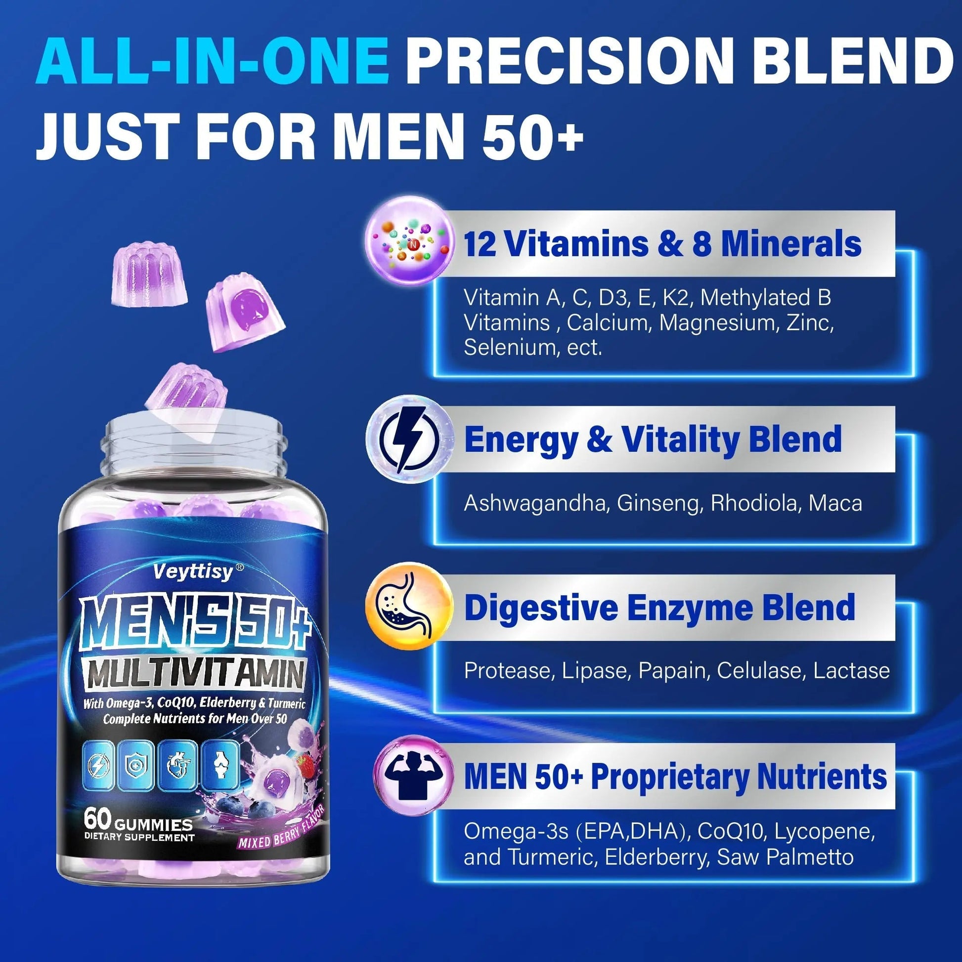 Sugar Free Multivitamin Gummies for Men 50 Plus - Methylated Multivitamin with Omega-3, CoQ10, Elderberry & Turmeric Veyttisy uk supplements