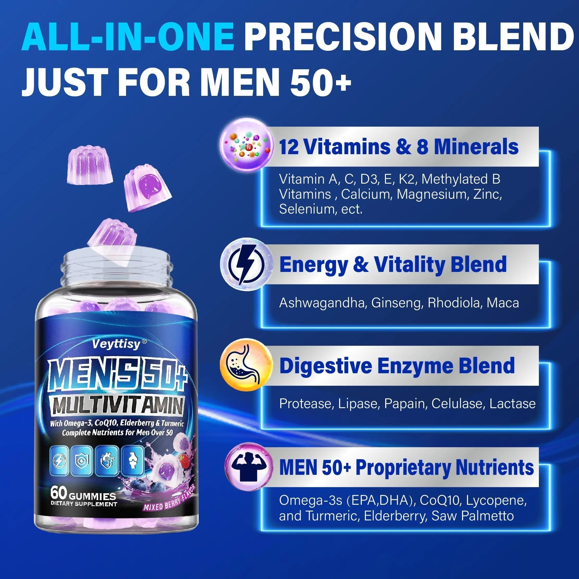 Sugar Free Multivitamin Gummies for Men 50 Plus - Methylated Multivitamin with Omega-3, CoQ10, Elderberry & Turmeric Veyttisy uk supplements