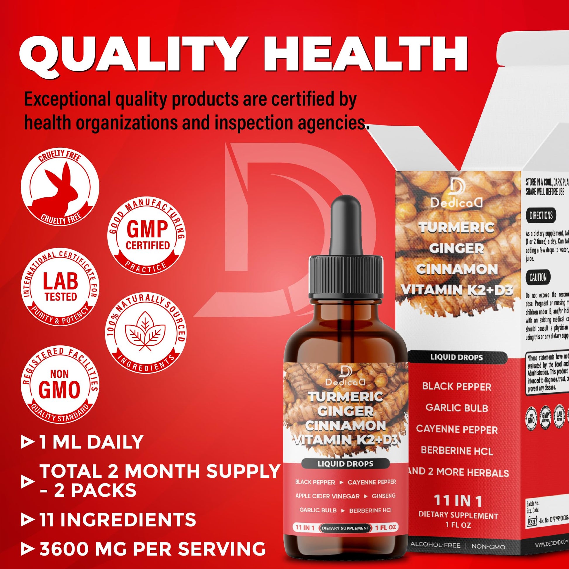 11in1 Turmeric Supplement for Health Heart & Wellness Support – with Ginger, Garlic, Ceylon Cinnamon, Berberine, Ginseng, Apple Cider Vinegar – 30ml Liquid Drops – 60 Servings DEDICAD uk supplements