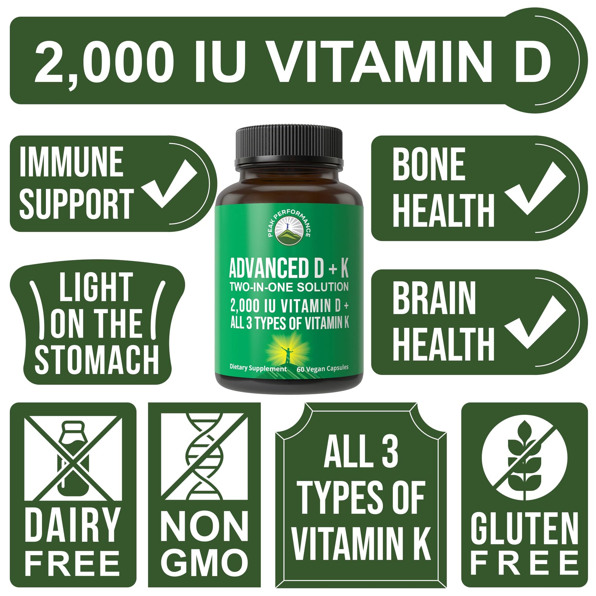 Peak Performance Advanced Vitamin D 2000 IU with All 3 Types of Vitamin K Vitamin D3 and Vitamin K2, K1, MK-7 (MK7), MK4 Supplements - 60 Small and Easy to Swallow Vegetable Pills Peak Performance uk supplements