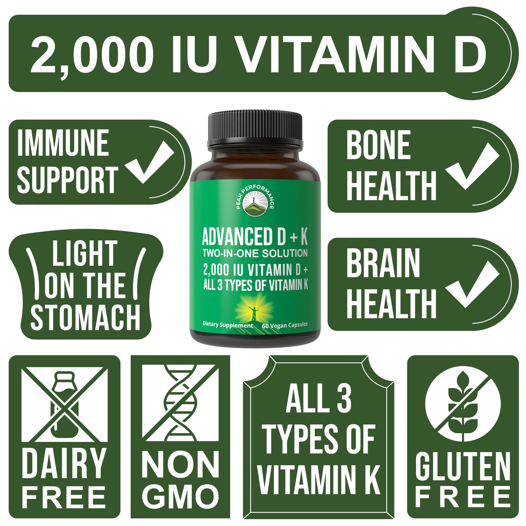 Peak Performance Advanced Vitamin D 2000 IU with All 3 Types of Vitamin K Vitamin D3 and Vitamin K2, K1, MK-7 (MK7), MK4 Supplements - 60 Small and Easy to Swallow Vegetable Pills Peak Performance uk supplements