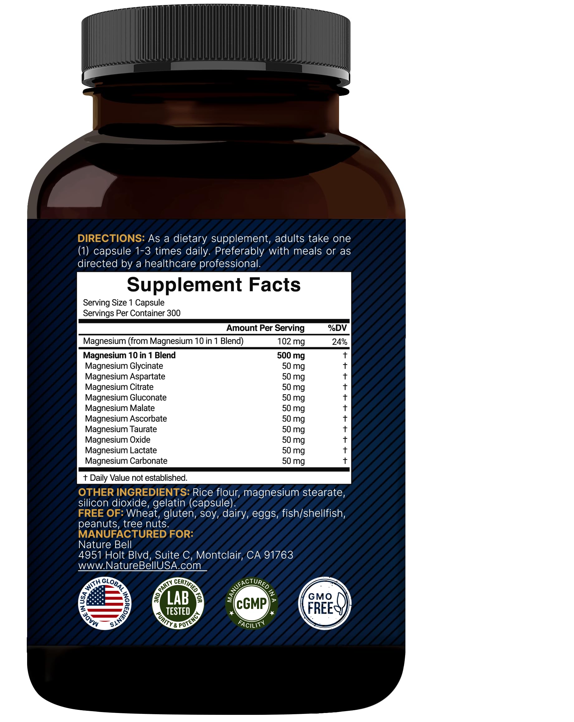 Magnesium Complex 500mg, 300 Capsules | 10-in-1 Magnesium Glycinate, Citrate, Malate & More | Chelated Form for Easy Absorption | Non-GMO NatureBell uk supplements