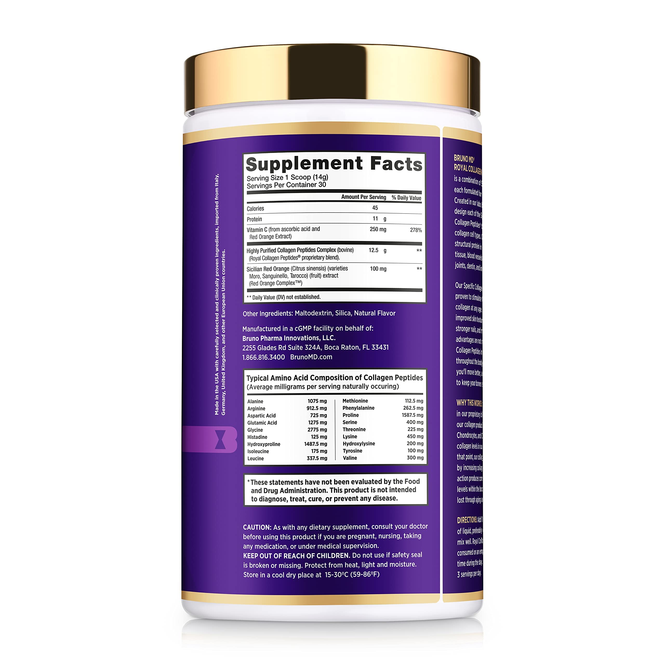 Bruno MD Royal Collagen Peptides, Clinically proven, Dietary Supplement, Improves Skin & Cellulite, European Sourced, Improves the Look of Hair & Nails, Blended with Vitamin C, Bone & Joint Supplement BRUNO MD uk supplements