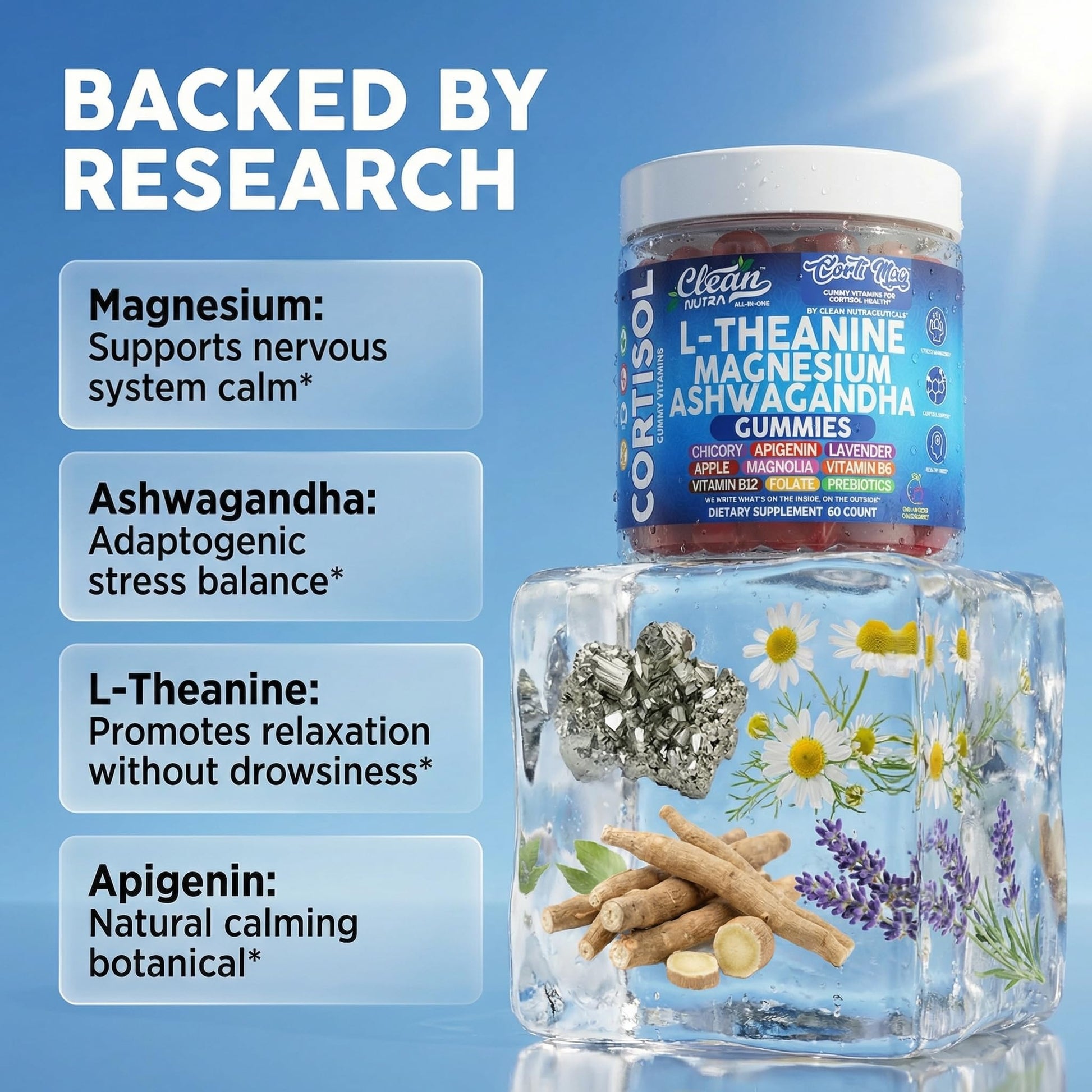 Clean Nutra Cortisol Supplement Gummies L-Theanine Magnesium Ashwagandha Apigenin Vitamin B6 Sleep and Calm Support Lavender Chicory Prebiotic Advanced Gummy Formula Clean Nutraceuticals uk supplements