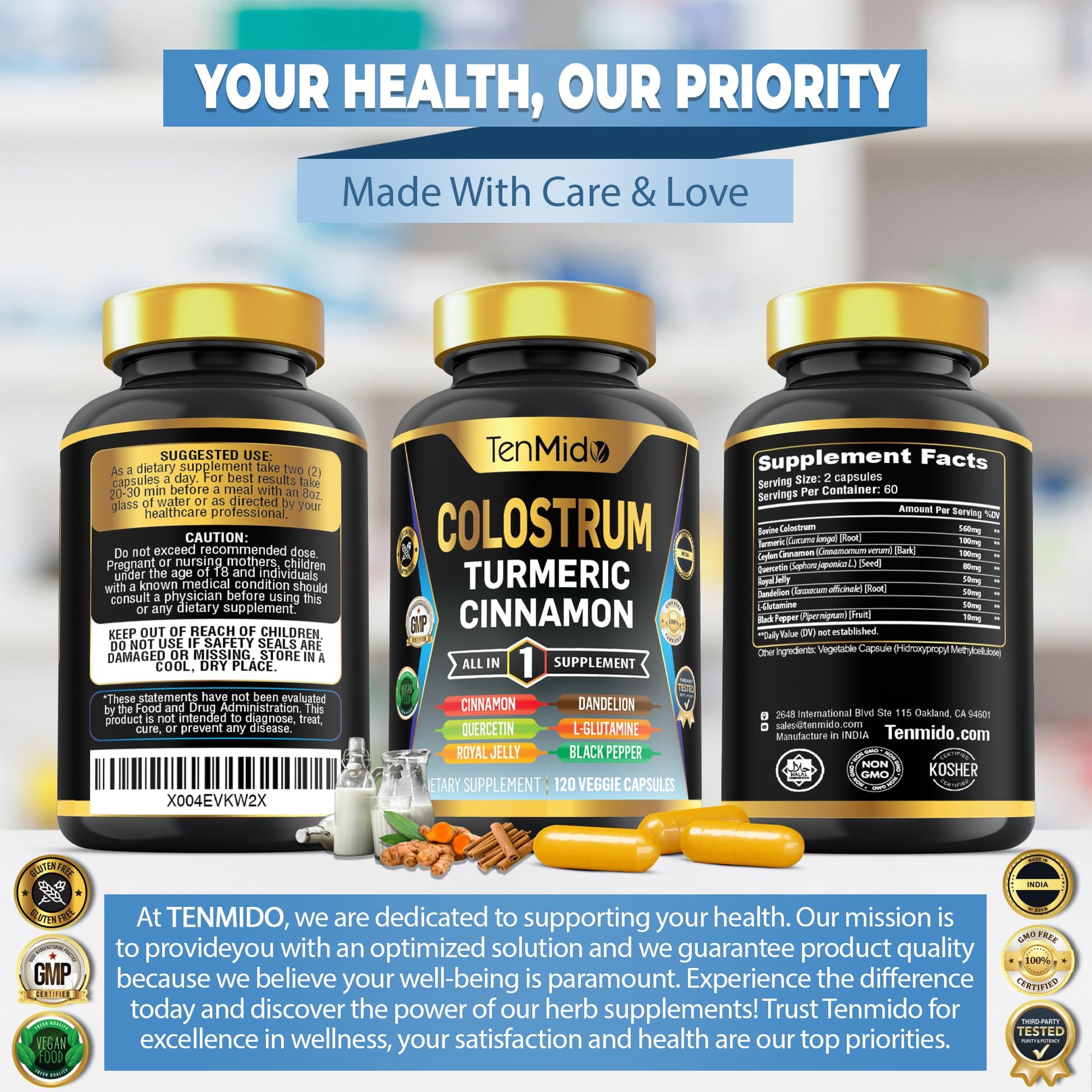 Tenmido Colostrum Supplement - 8in1 Formula - Combine with Turmeric, Ceylon Cinnamon, Quercetin, Royal Jelly, Dandelion, L- Glutamine, and Black Pepper - Digestive Health Support - 120 Capsules Tenmido uk supplements