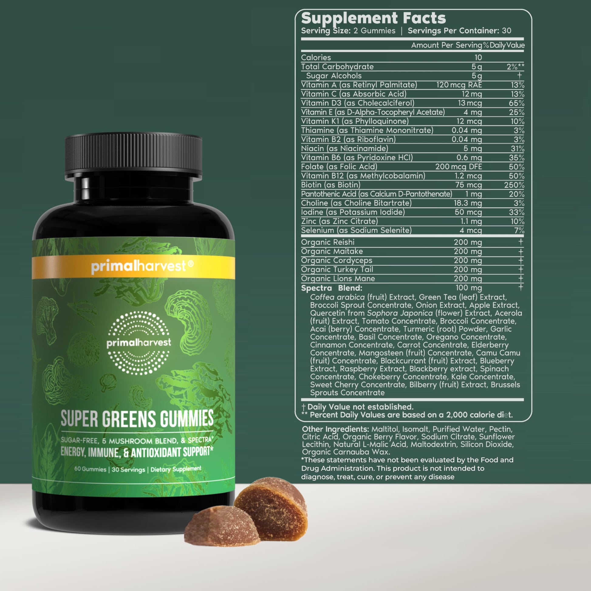Primal Harvest Super Greens Gummies, Superfood Blend with Adaptogenic Mushrooms Vitamins & Nutrient-Rich Minerals & Antioxidants for Energy & Immune Support 1 Pack 60 Count, Primal Harvest uk supplements