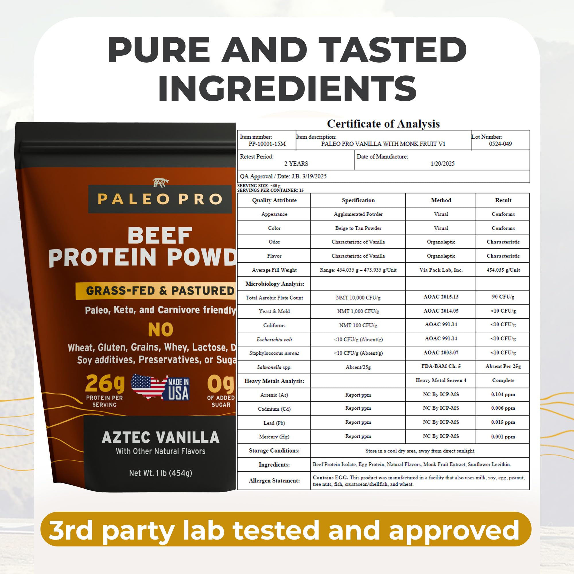 Paleo Pro 26G Beef Protein Powder - Grass Fed Protein Powder Isolate - Pure Animal Based Pastured & Cage-Free | Dairy & Gluten Free, Natural & Clean Proteins for Paleo & Keto - 15 Days Supply Vanilla Paleo Pro uk supplements
