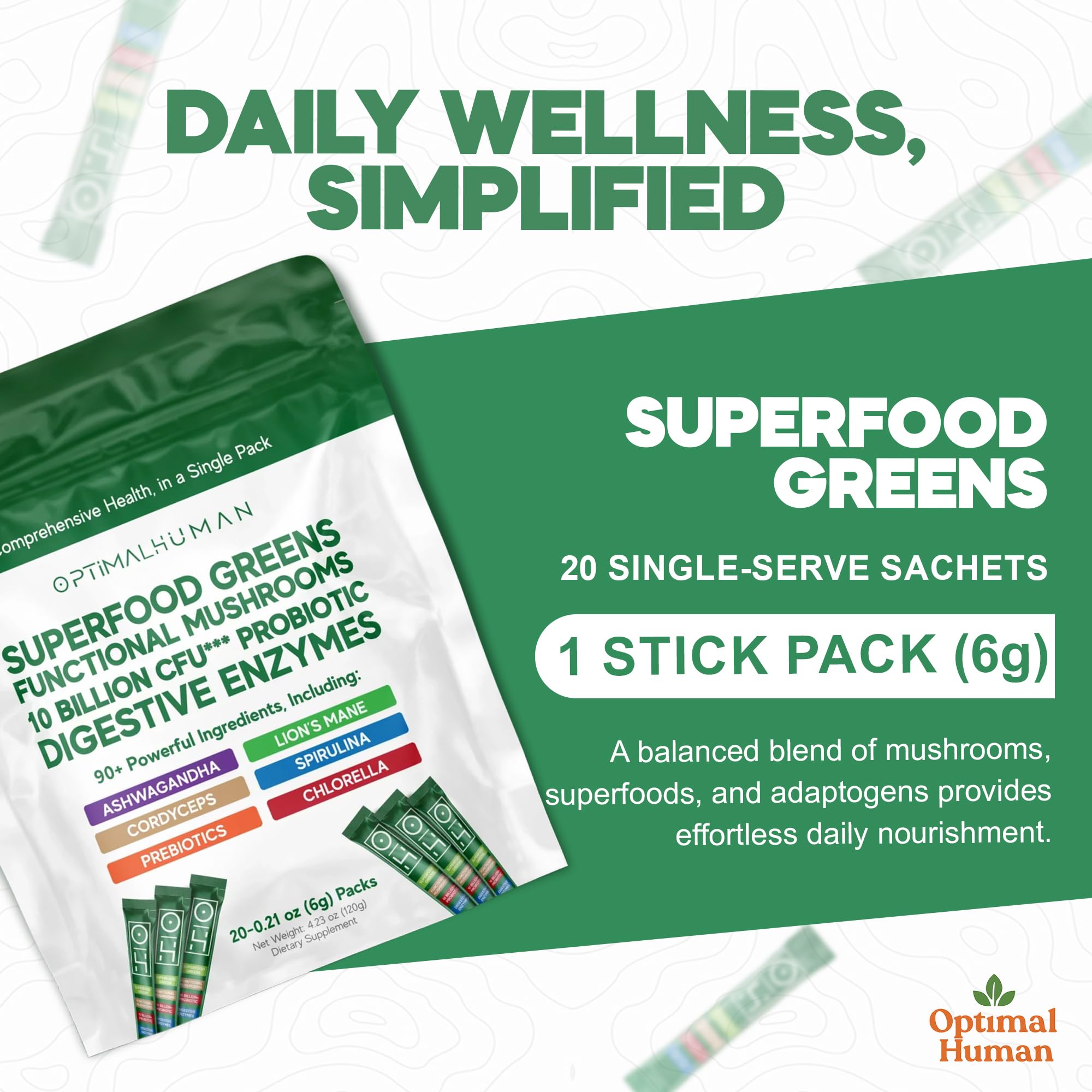Optimal Human Superfood Greens Powder – 90+ Ingredient Blend with Lion’s Mane Supplement, Ashwagandha & Turmeric – Non-GMO, Soy-Free, Mushroom Supplements for Women – 20 Sachets O H uk supplements
