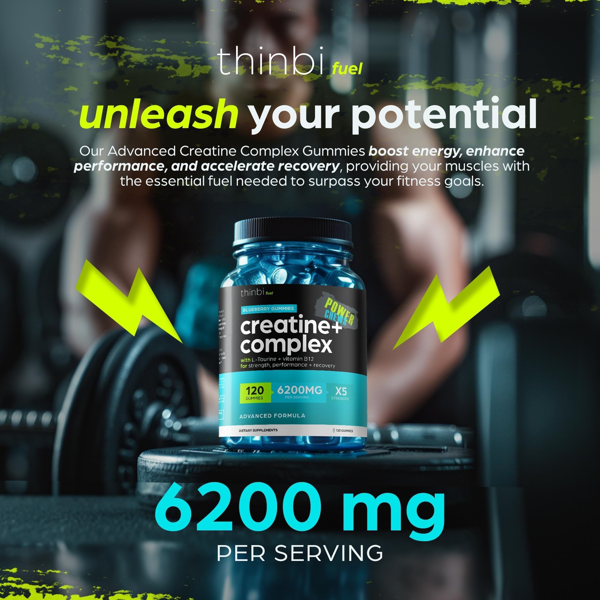 Creatine Monohydrate Gummies Complex 6200mg for Men & Women - 120 Gummies Advanced Formula W/L-Taurine + Vitamin B12 for Muscle Strength, Muscle Builder, Energy Boost Thinbi uk supplements