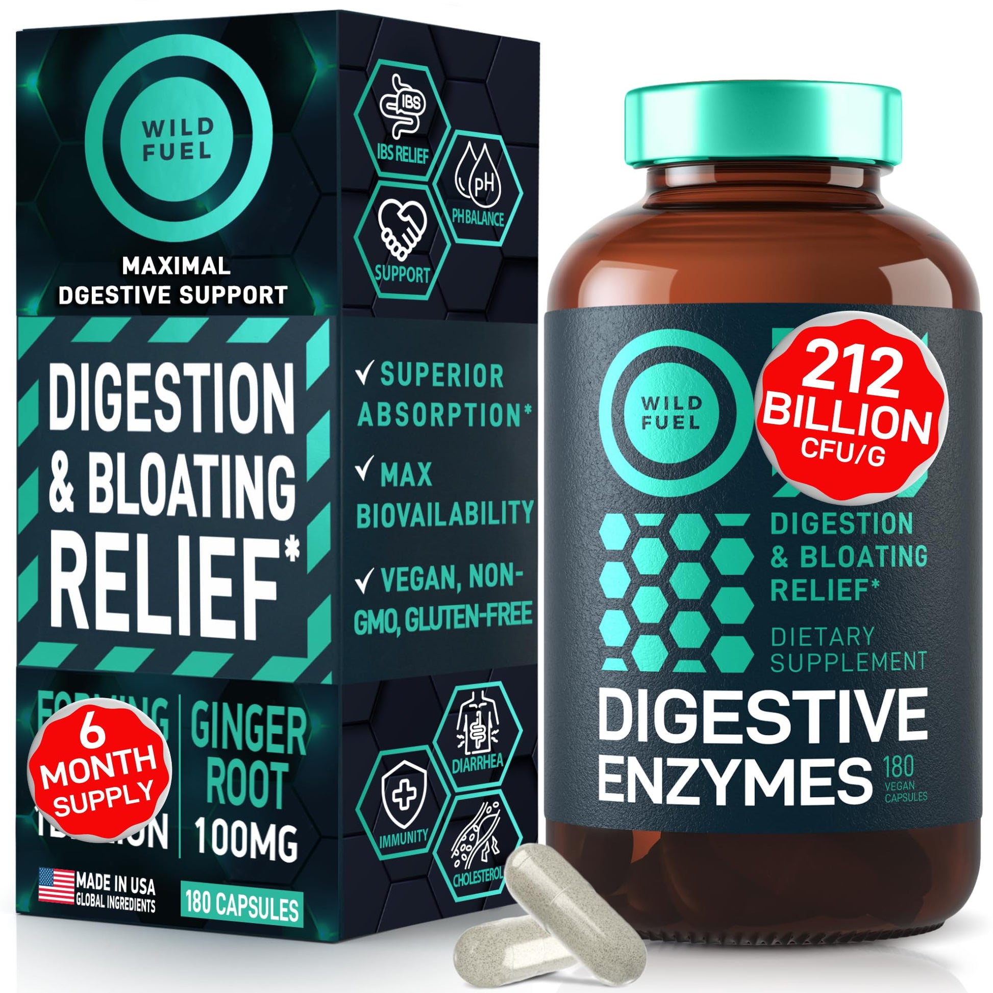 Digestive Enzymes for Women and Men with Probiotics and Prebiotics - Vegan Digestive Enzyme Blend - Bloating Support, Gut Health & Digestion Supplement with Artichoke Ginger Turmeric - 180 Capsules WILD FUEL uk supplements