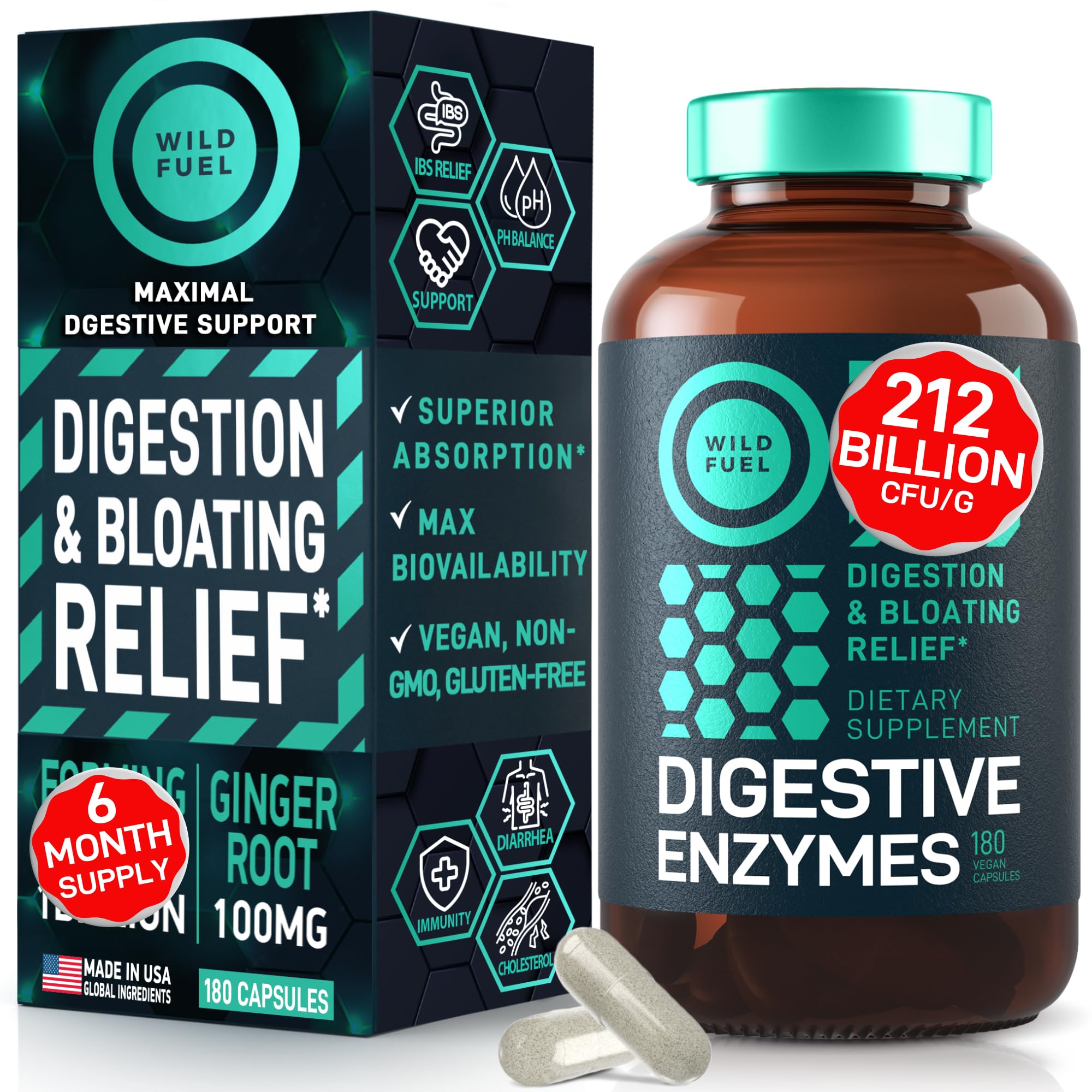 Digestive Enzymes for Women and Men with Probiotics and Prebiotics - Vegan Digestive Enzyme Blend - Bloating Support, Gut Health & Digestion Supplement with Artichoke Ginger Turmeric - 180 Capsules WILD FUEL uk supplements