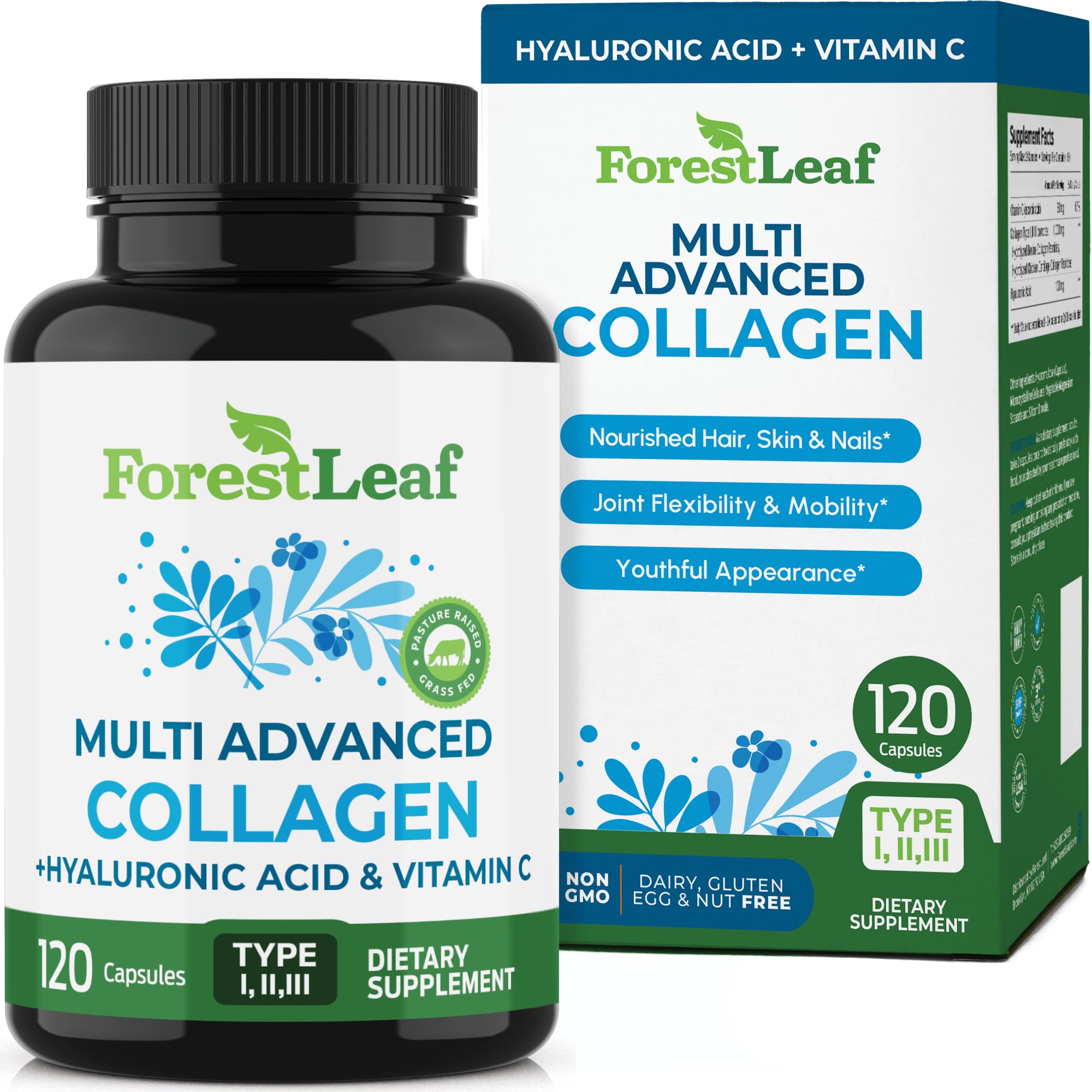 ForestLeaf Multi Collagen Pills with Hyaluronic Acid + Vitamin C | Hydrolyzed Collagen Supplements for Women or Men | Multi Collagen Capsules Peptides for Skin, Wrinkles, 120 Caps ForestLeaf uk supplements
