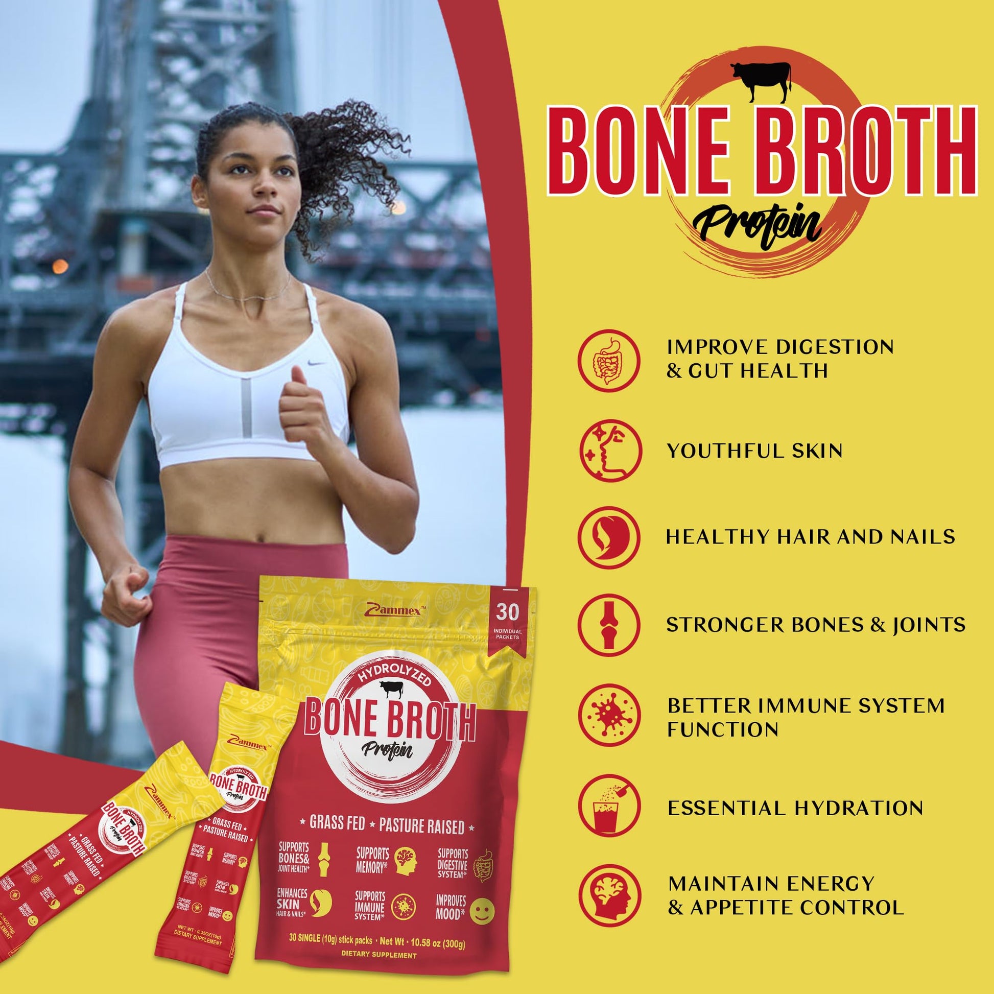 Zammex Bone Broth Packets-20g Collagen Protein-Beef Bone Broth Powder to Go-30 Travel Zammex uk supplements