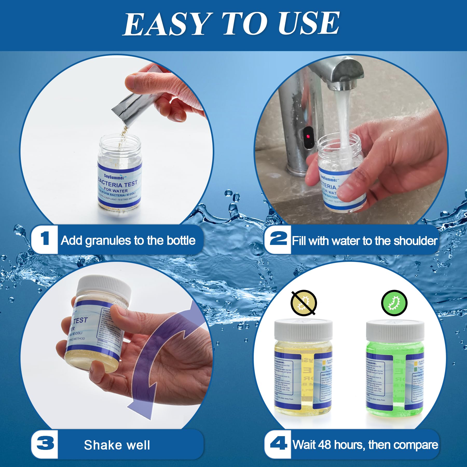 Drinking Water Bacteria Test Kit: 4 Tests Detecting Coliform E coli Bacteria - at Home Well Water Testing Kits for Drinking Water Pool Hot Tub Aquarium and More SaySummer uk supplements