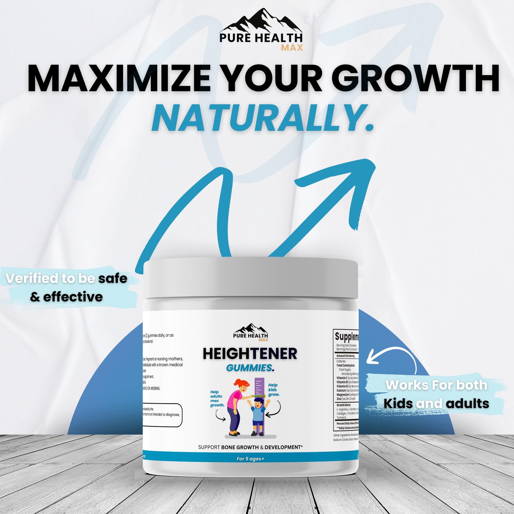 Heightener Gummies - Natural Height Growth Supplement for Kids, Teens and Adults to Increase Bone Strength and Grow Tall | Height Maximizer Pills with L-Arginine, Calcium & Zinc | 60 Gummy PURE HEALTH MAX uk supplements