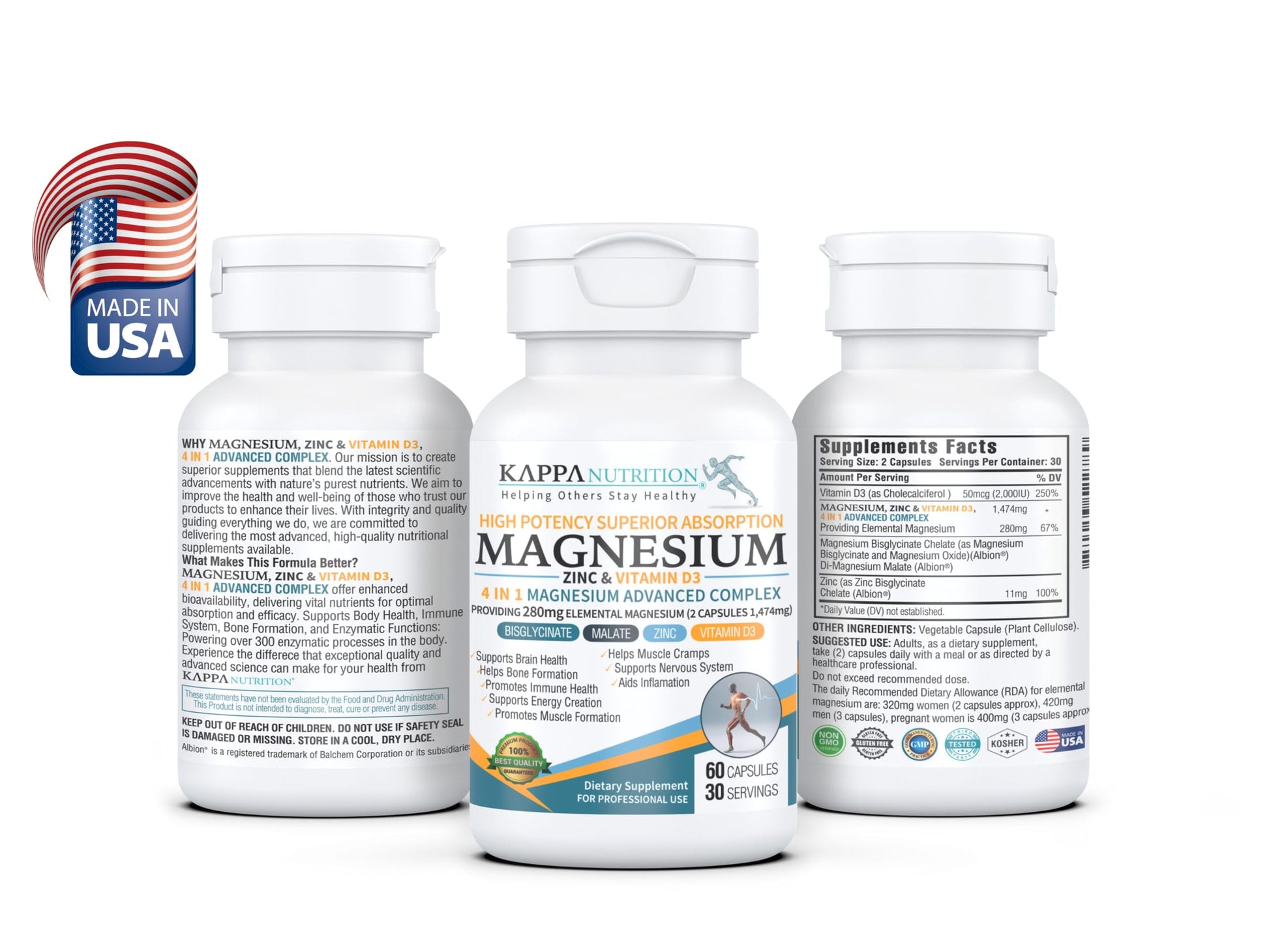 Kappa Nutrition Magnesium 4-in-1, 280mg Elemental Magnesium (Bisglycinate, Malate) + Zinc & Vitamin D3, Brain, Sleep, Energy, Muscle, Immune Support, 60 Vegan Capsules. KAPPA NUTRITION uk supplements