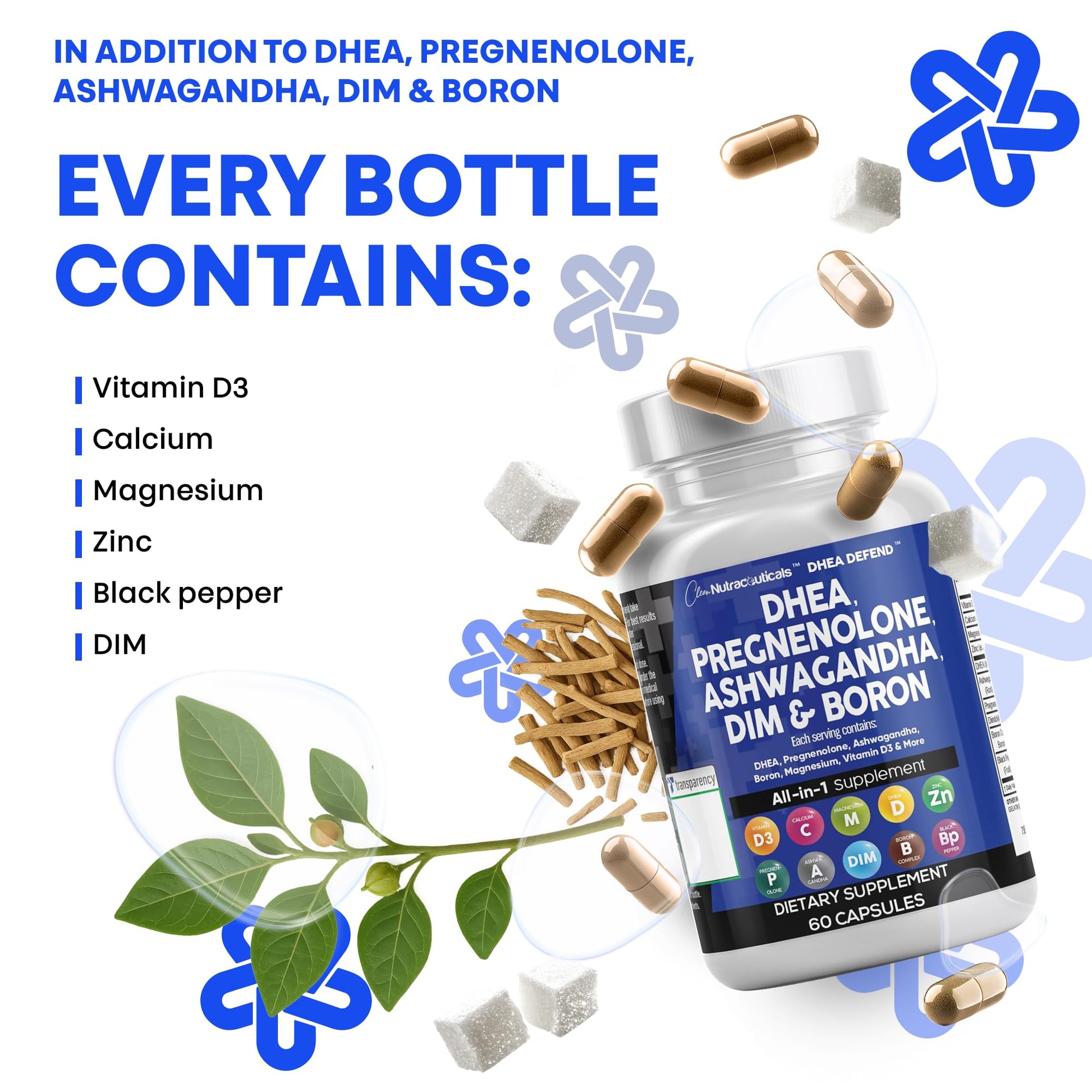 DHEA 200mg Supplement Pregnenolone 100mg for Men & Women with DIM Ashwagandha Boron 6mg Complex Calcium Magnesium Zinc 50mg Vitamin D3 5000 iu Hormone Support Capsules Pills - Made in USA 60 Ct Clean Nutraceuticals uk supplements