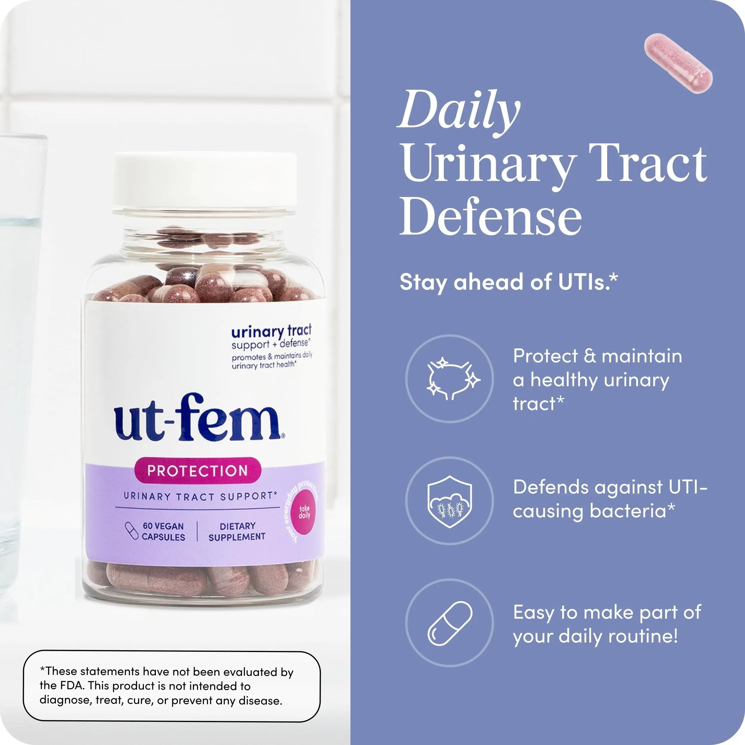 UT-Fem Protection - Urinary Tract Defense for Women, 3-in-1 Daily Defense Formula to Protect Urinary Tract Health, D-Mannose, Cranberry + Hibiscus, Natural Supplement - 60 Vegan Capsules UT-Fem uk supplements