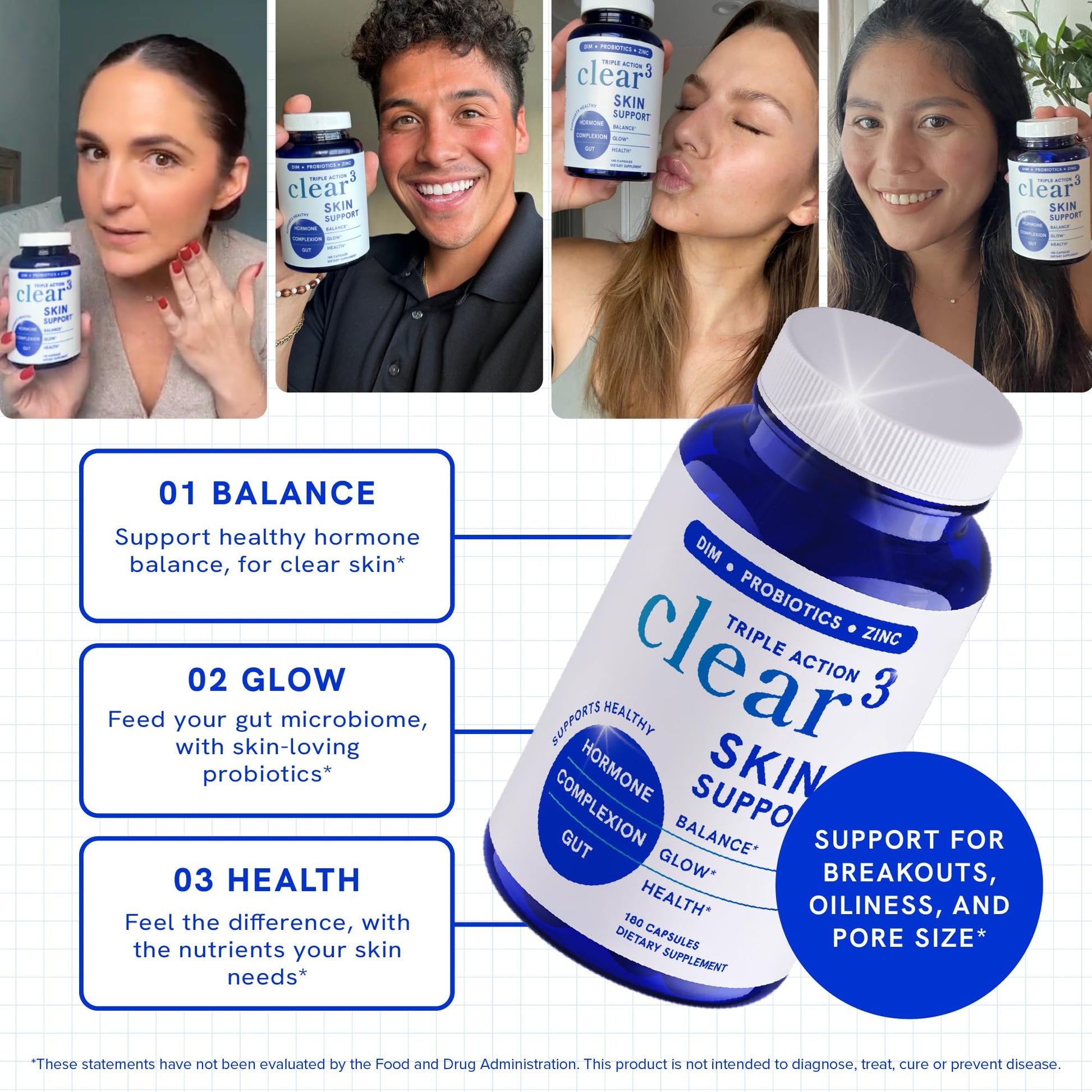 Clear Skin Supplement with Zinc, DIM & Probiotics | 3-in-1 Balance, Glow & Health Skin Support | Triple Action Hyaluronic Acid, Niaciminide & Vitamins for Hormone, Complexion & Gut Support | 180 Ct SMNutrition uk supplements