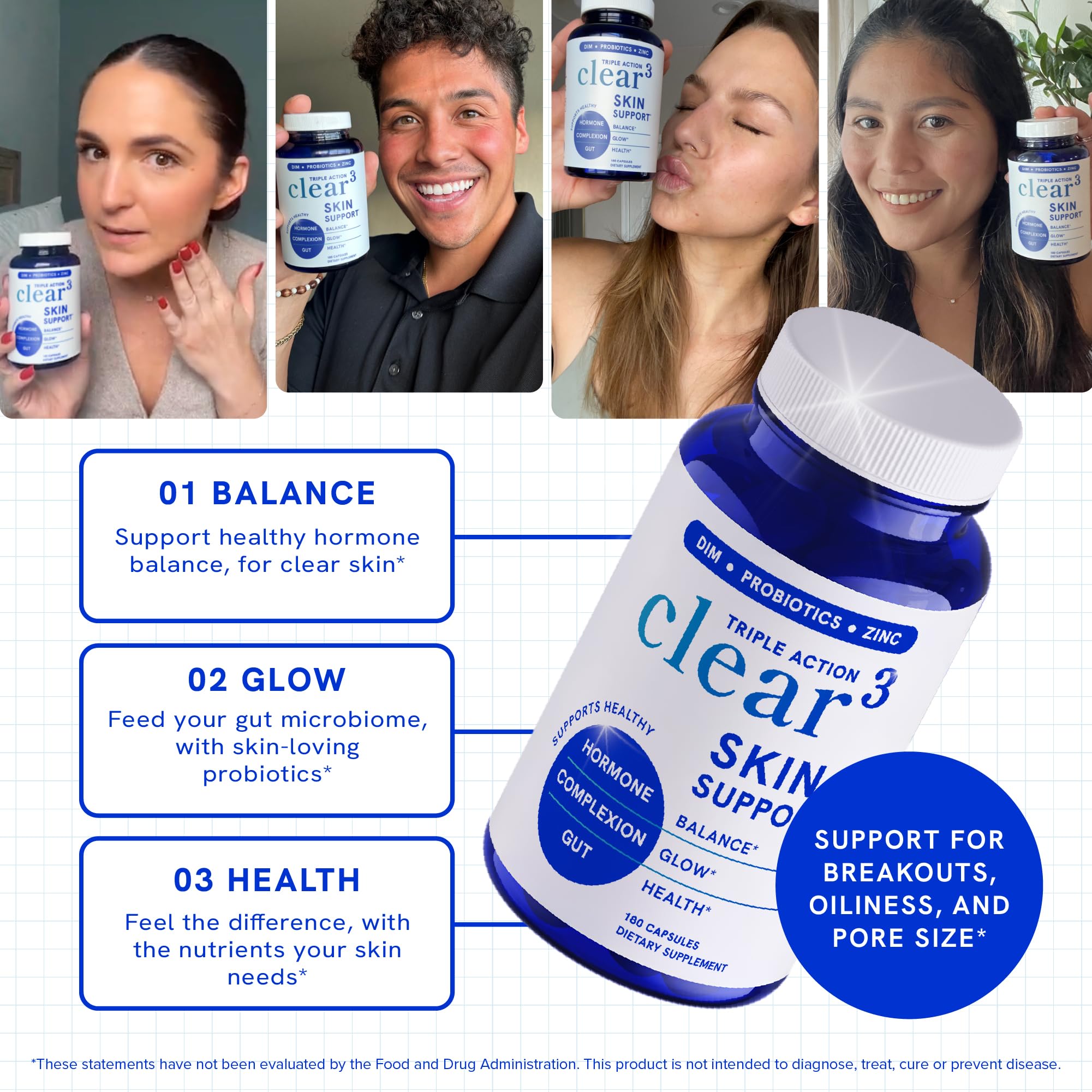 Clear Skin Supplement with Zinc, DIM & Probiotics | 3-in-1 Balance, Glow & Health Skin Support | Triple Action Hyaluronic Acid, Niaciminide & Vitamins for Hormone, Complexion & Gut Support | 180 Ct SMNutrition uk supplements