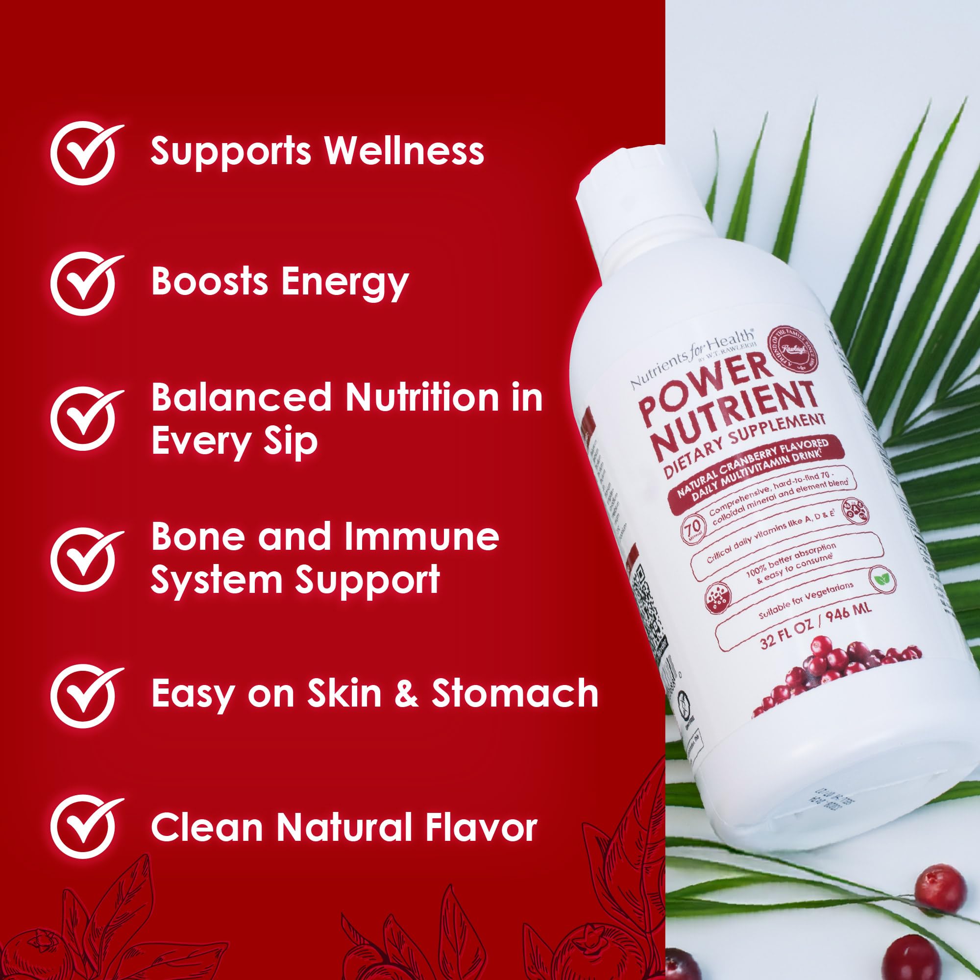 Rawleigh Power Nutrient: 32 fl oz for 1 Month - Cranberry Flavor, Daily Multivitamin Liquid Supplement for Men, Women with VIT. A - zinc & 70 Colloidal Trace Minerals, Vegetarian-Friendly, GMO Free Rawleigh uk supplements