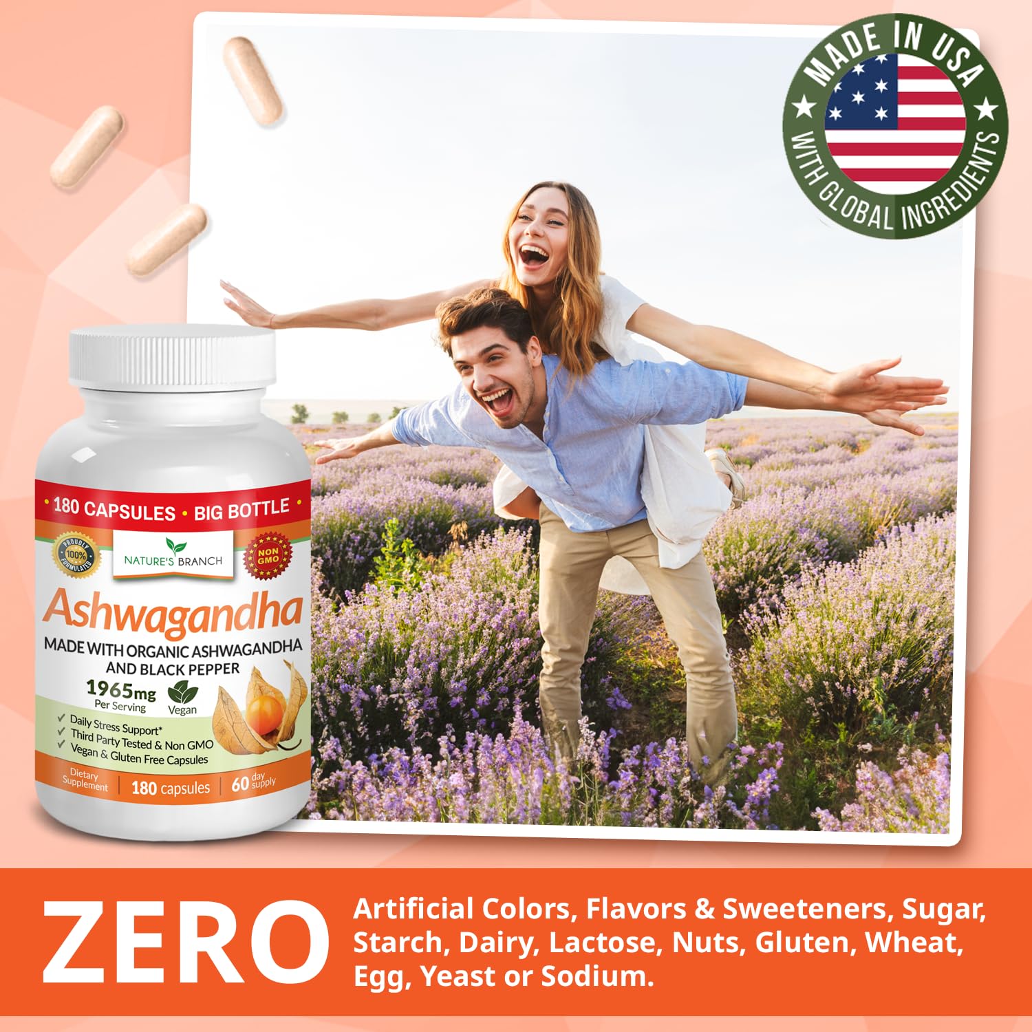 UDAF Certified Organic Ashwagandha with Black Pepper, 1965mg - Extra Strength for Stress, Sleep, Mood, Thyroid, Energy, Hair, Vegan Pure Root Extract Powder Supplement for Men and Women | 180 Capsules NATURE'S BRANCH uk supplements