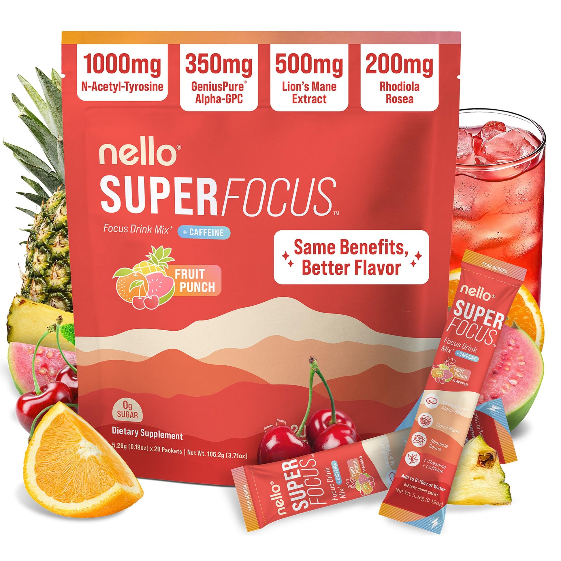 Nello Superfocus – Nootropic Focus Drink Mix for Productivity, Caffeine, L-Theanine, Rhodiola Rosea, Alpha-GPC, Lion’s Mane, Tyrosine, Sugar-Free Packets - With Caffeine (Pack of 20) (20 Servings (Caffeine), Fruit Punch) Nello uk supplements
