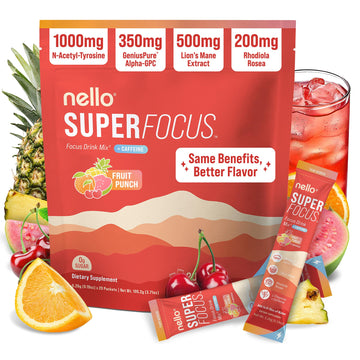 Nello Superfocus – Nootropic Focus Drink Mix for Productivity, Caffeine, L-Theanine, Rhodiola Rosea, Alpha-GPC, Lion’s Mane, Tyrosine, Sugar-Free Packets - With Caffeine (Pack of 20) (20 Servings (Caffeine), Fruit Punch) Nello uk supplements