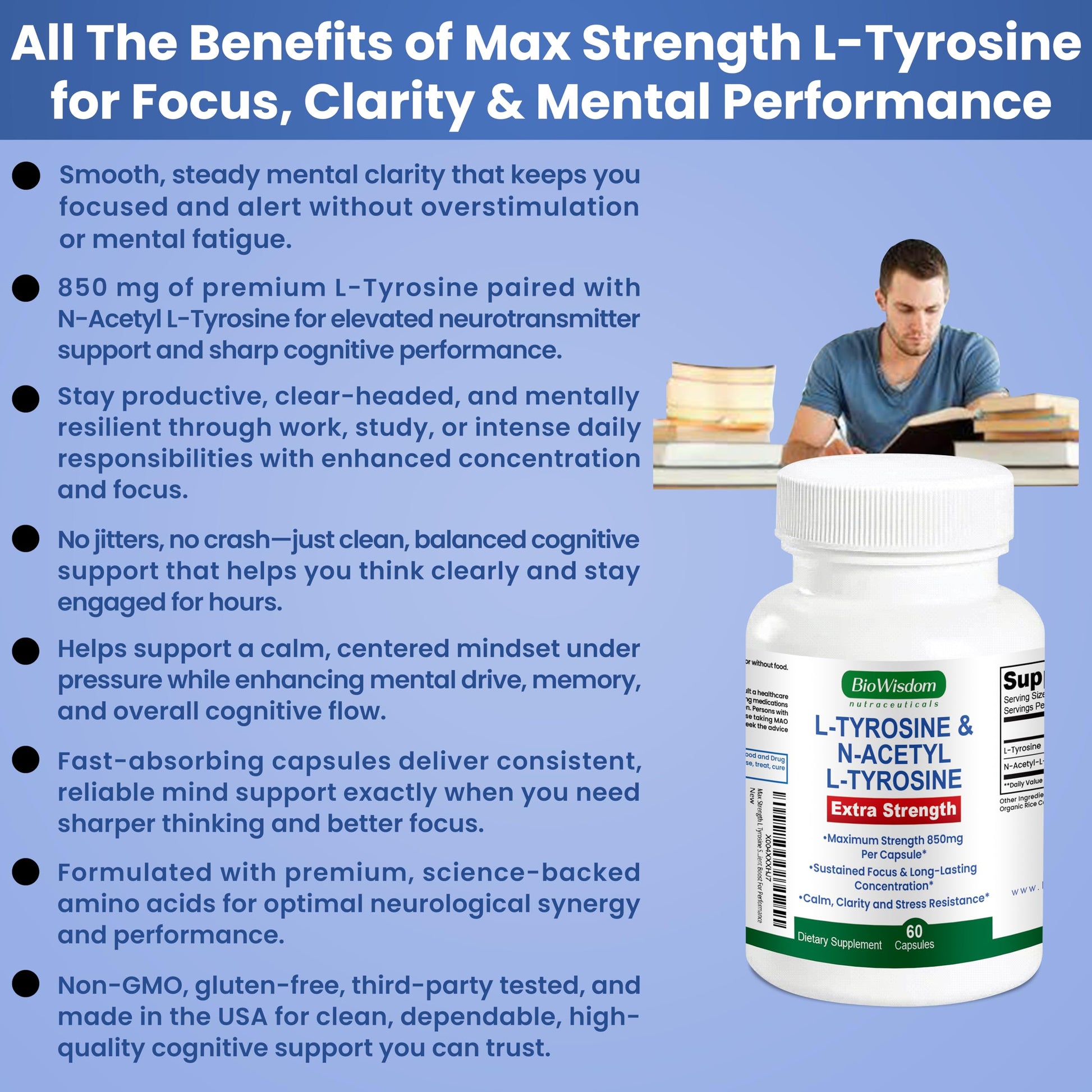 Max Strength L Tyrosine Supplement & N Acetyl L Tyrosine Peak Focus, Alertness, Concentration, Body & Mind Energy. L-Tyrosine 850mg Per 1 Capsule. A Well-Being Nutrient Boost For Performance BioWisdom Nutraceuticals uk supplements