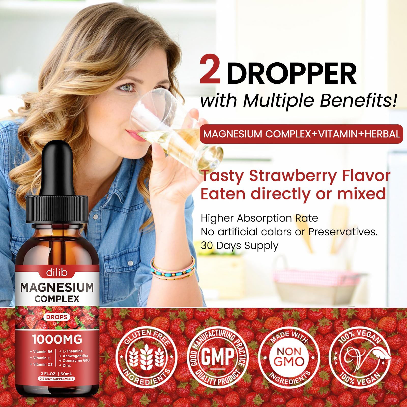 Triple Magnesium Complex Supplement, Magnesium Glycinate, Blend, Citrate Liquid Drops 1000mg with Ashwagandha, CoQ10, Vitamin B6, C, D, Zinc -Support Calm Stress Relief, Bone, Muscle, Mood Vegan dilib uk supplements