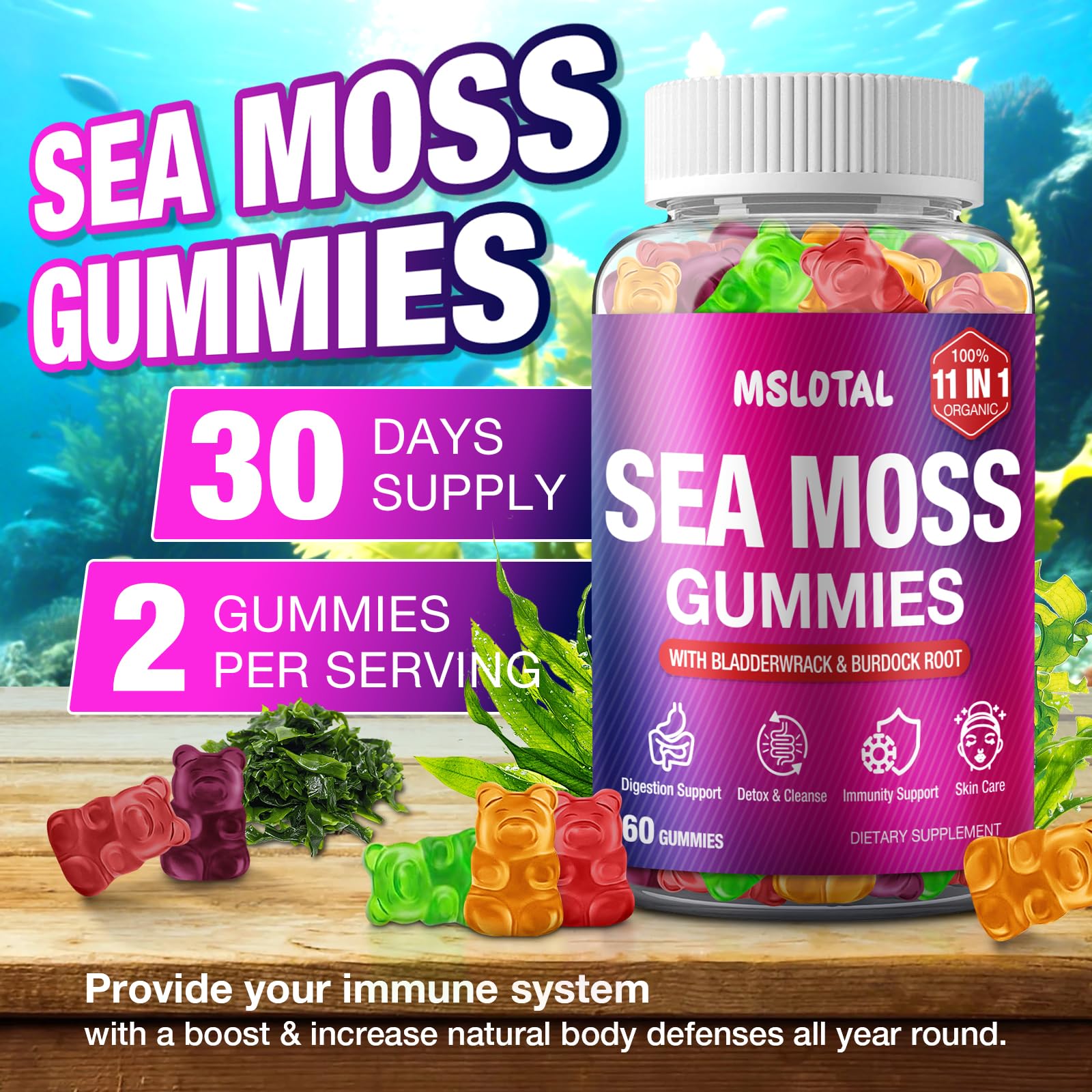 MSLOTAL Irish Sea Moss Gummies with Black Seed Oil, Ashwagandha Bladderwrack and Burdock Root, Organic Sea Moss Gummies for Women and Men with Shilajit, Immune Support, Vegan, 120 Gummies Totalss MSLOTAL uk supplements