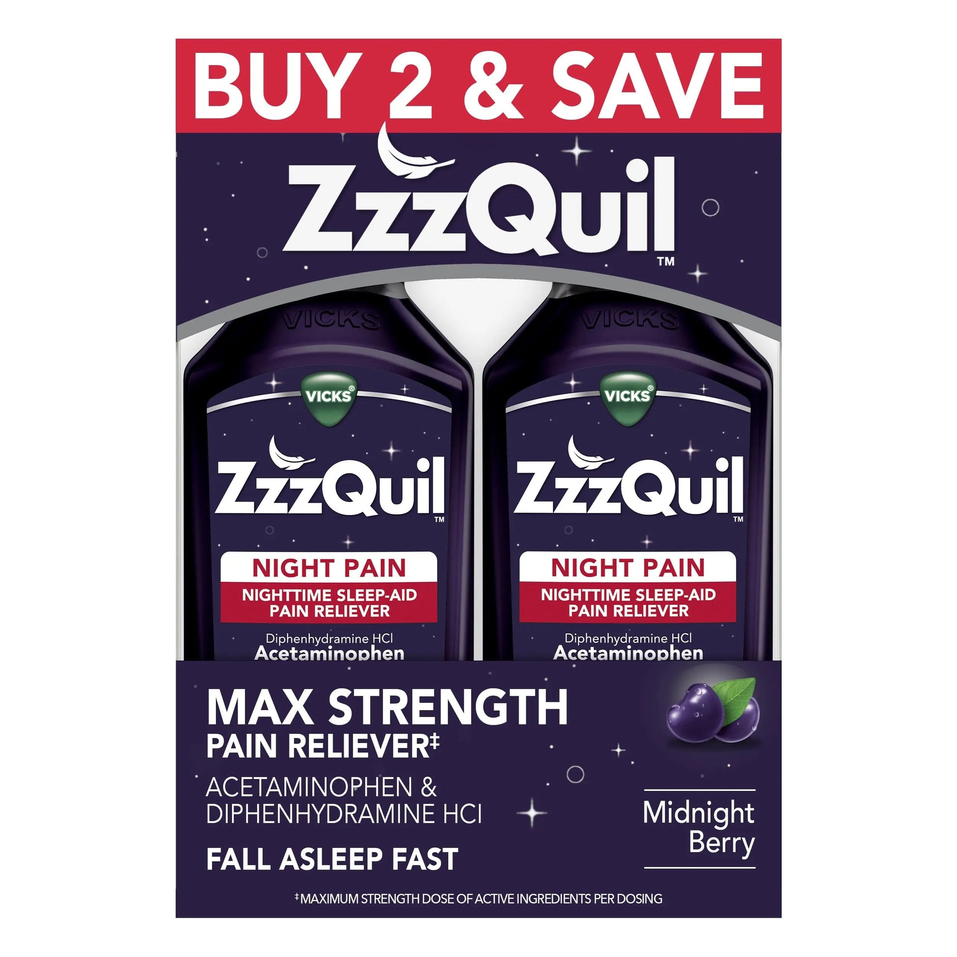 ZzzQuil Liquid, Max Strength Pain Reliever, Nighttime Sleep Aid Liquid, Acetaminophen 1000mg, Diphenhydramine 50mg HCI, Non-Habit Forming, Midnight Berry Flavored, 2 Pack, 24 FL OZ ZzzQuil uk supplements