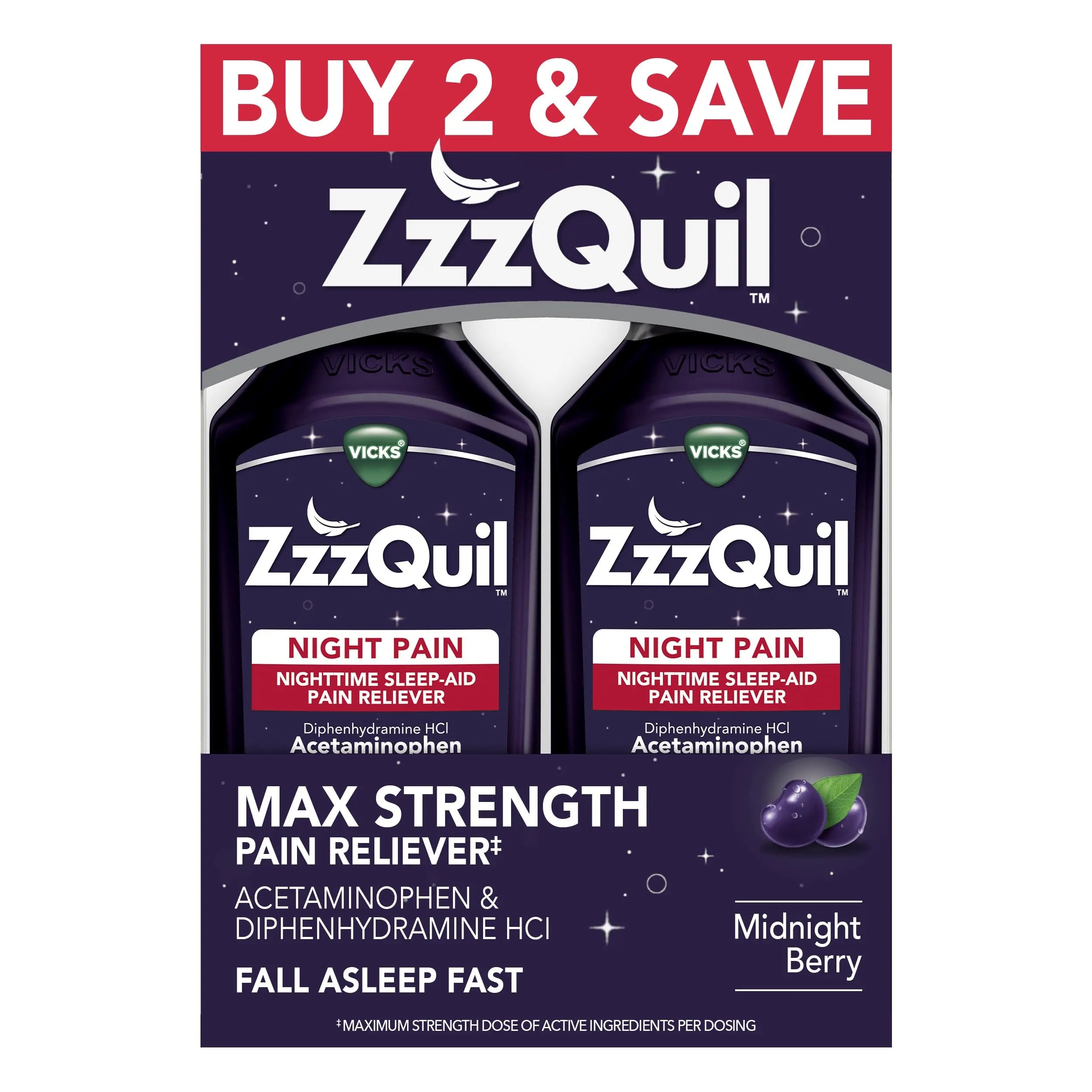 ZzzQuil Liquid, Max Strength Pain Reliever, Nighttime Sleep Aid Liquid, Acetaminophen 1000mg, Diphenhydramine 50mg HCI, Non-Habit Forming, Midnight Berry Flavored, 2 Pack, 24 FL OZ ZzzQuil uk supplements