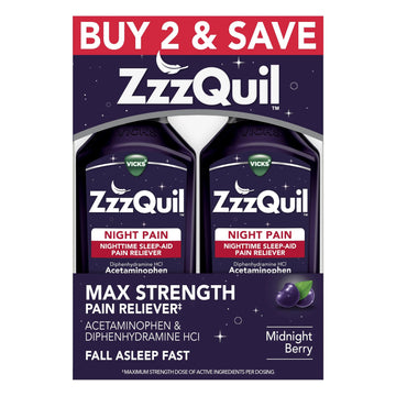 ZzzQuil Liquid, Max Strength Pain Reliever, Nighttime Sleep Aid Liquid, Acetaminophen 1000mg, Diphenhydramine 50mg HCI, Non-Habit Forming, Midnight Berry Flavored, 2 Pack, 24 FL OZ ZzzQuil uk supplements