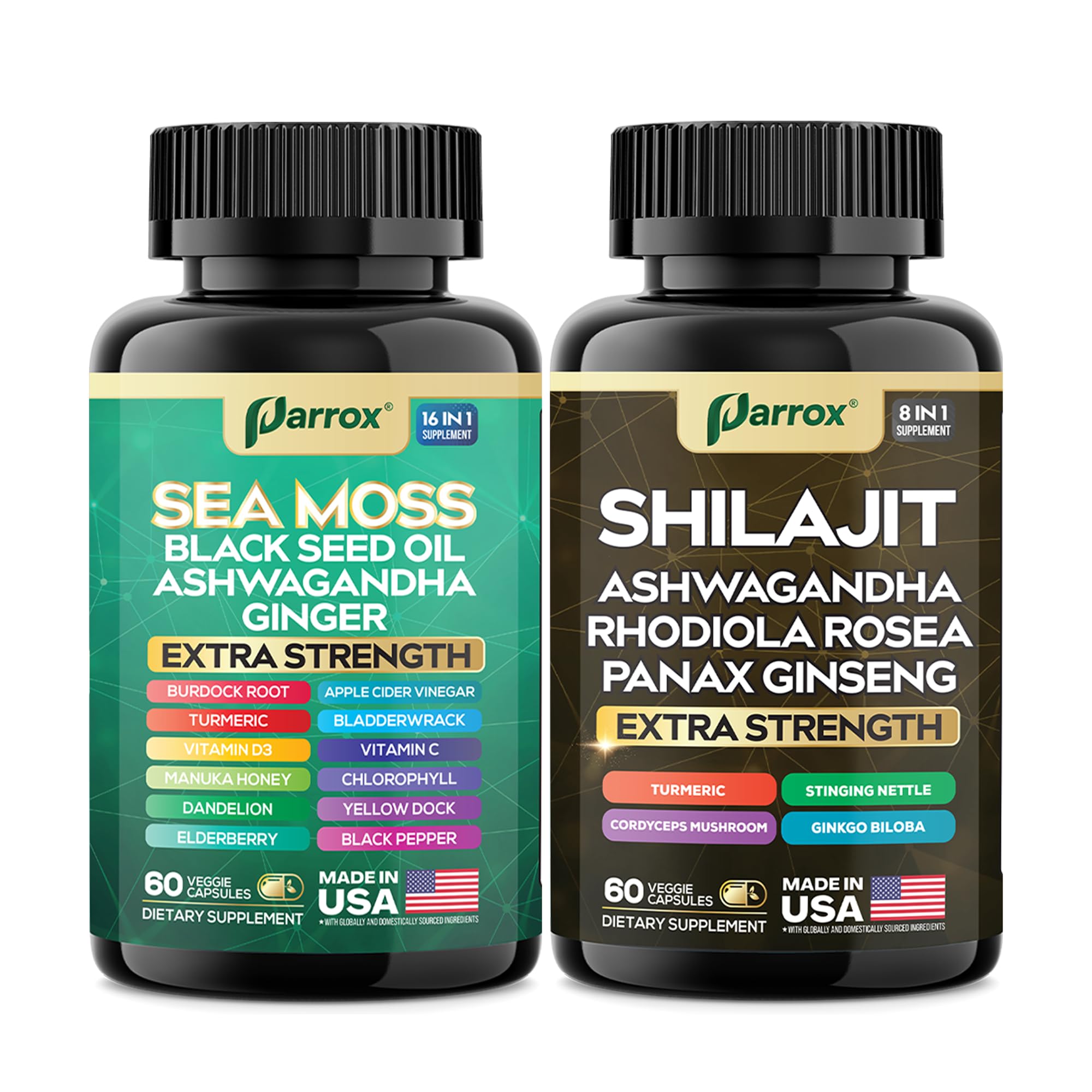 Parrox Shilajit and Sea Moss Bundle, Sea Moss 350mg, Black Seed Oil 200mg, Ashwagandha 100mg, Turmeric, Shilajit 300mg, Rhodiola Rosea 100mg, Panax Ginseng 50mg, Dynamic Vitality Bundle (2 Pack) Parrox uk supplements