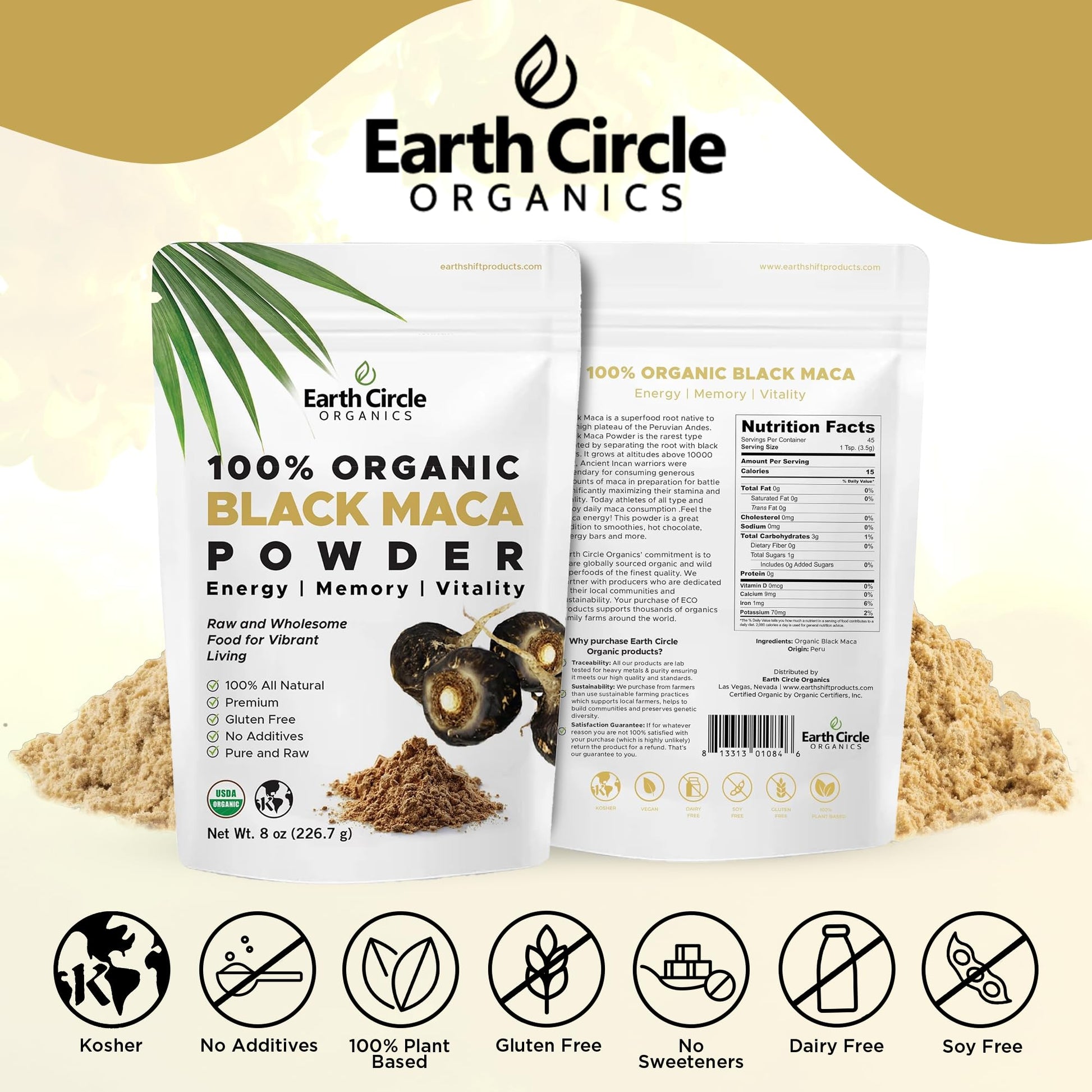 Organic Black Maca Peruvian Root Powder | Black Maca Root for Men | Natural Supplement | Essential Vitamins, Minerals & Fatty Acids Improved Energy | Immune Support (8oz, Pack of 1) Earth Circle Organics uk supplements