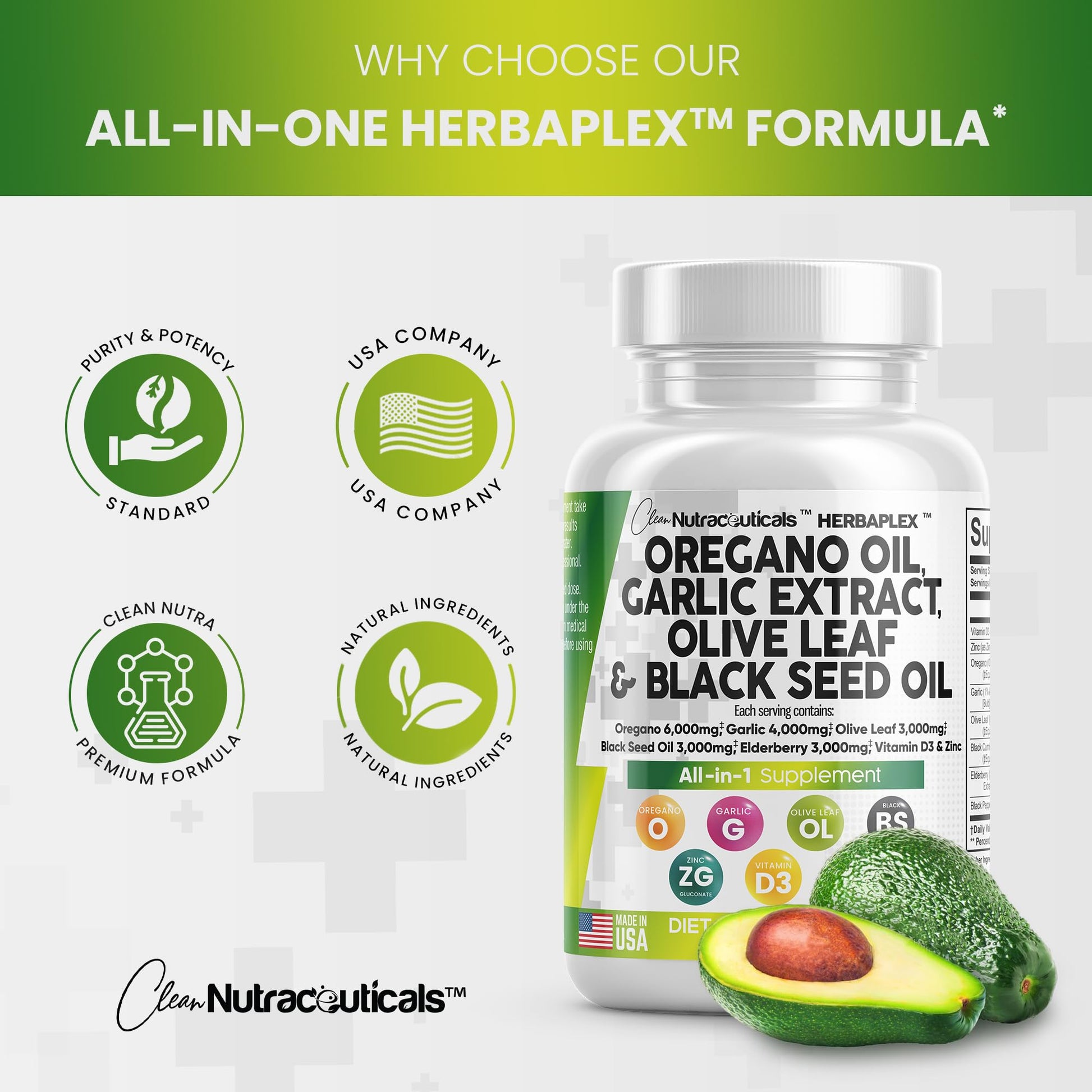 Oregano Oil 6000mg Garlic Extract 4000mg Olive Leaf 3000mg Black Seed Clean Nutraceuticals uk supplements