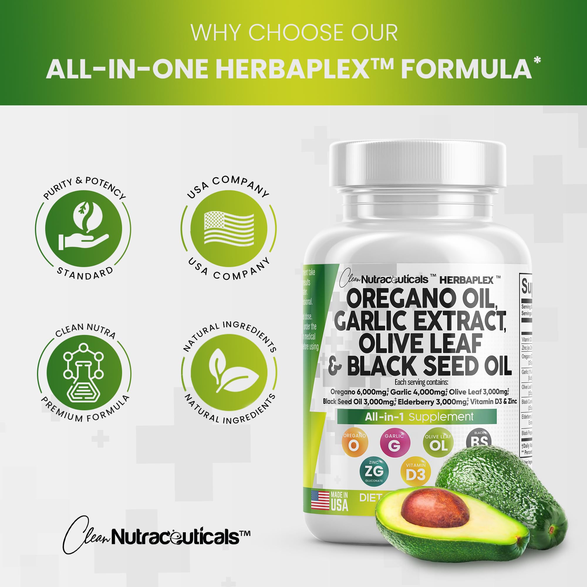Oregano Oil 6000mg Garlic Extract 4000mg Olive Leaf 3000mg Black Seed Clean Nutraceuticals uk supplements