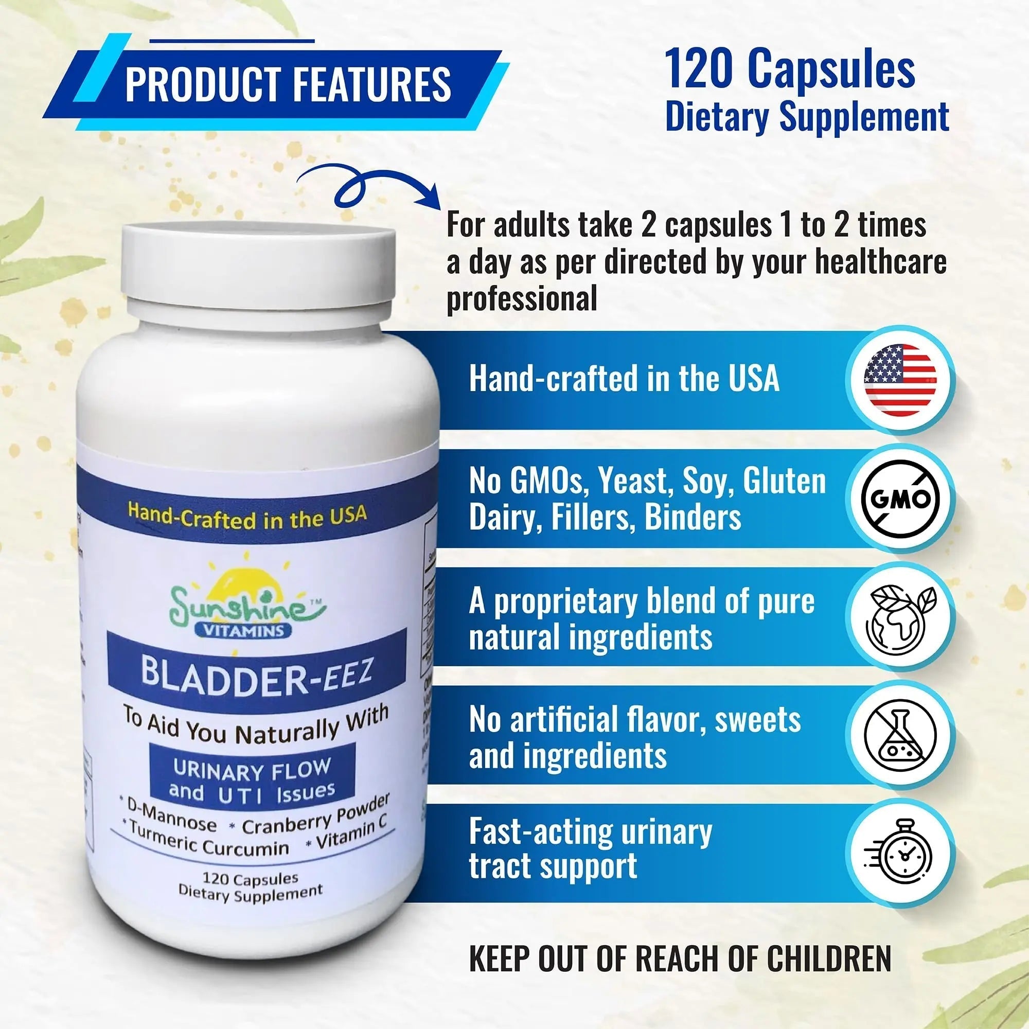 Sunshine Vitamins Bladder-EEZ | All-Natural Bladder Infection UTI Relief Support for Women with D-Mannose | Urinary Tract Infection Health with Immune System Support (1 Bottle of 120 Capsules) Sunshine Vitamins uk supplements