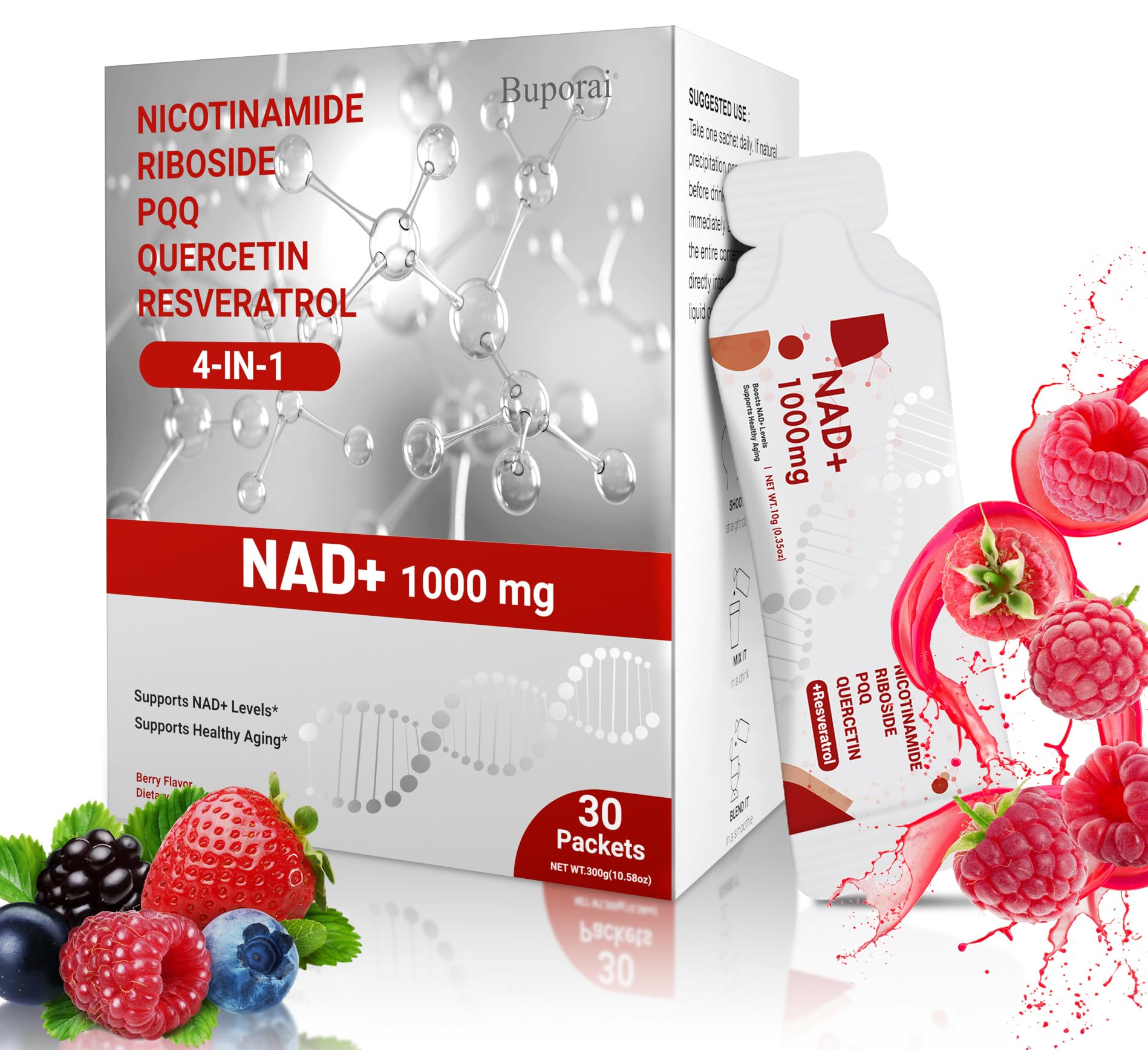 Buporai NAD Supplement 1000 mg Liquid Packets - NAD Supplements for Women & Men with Nicotinamide Riboside, Resveratrol, PQQ, Quercetin - NMNH Supplement Alternative for Anti-Aging, Energy-30 Packets Buporai uk supplements