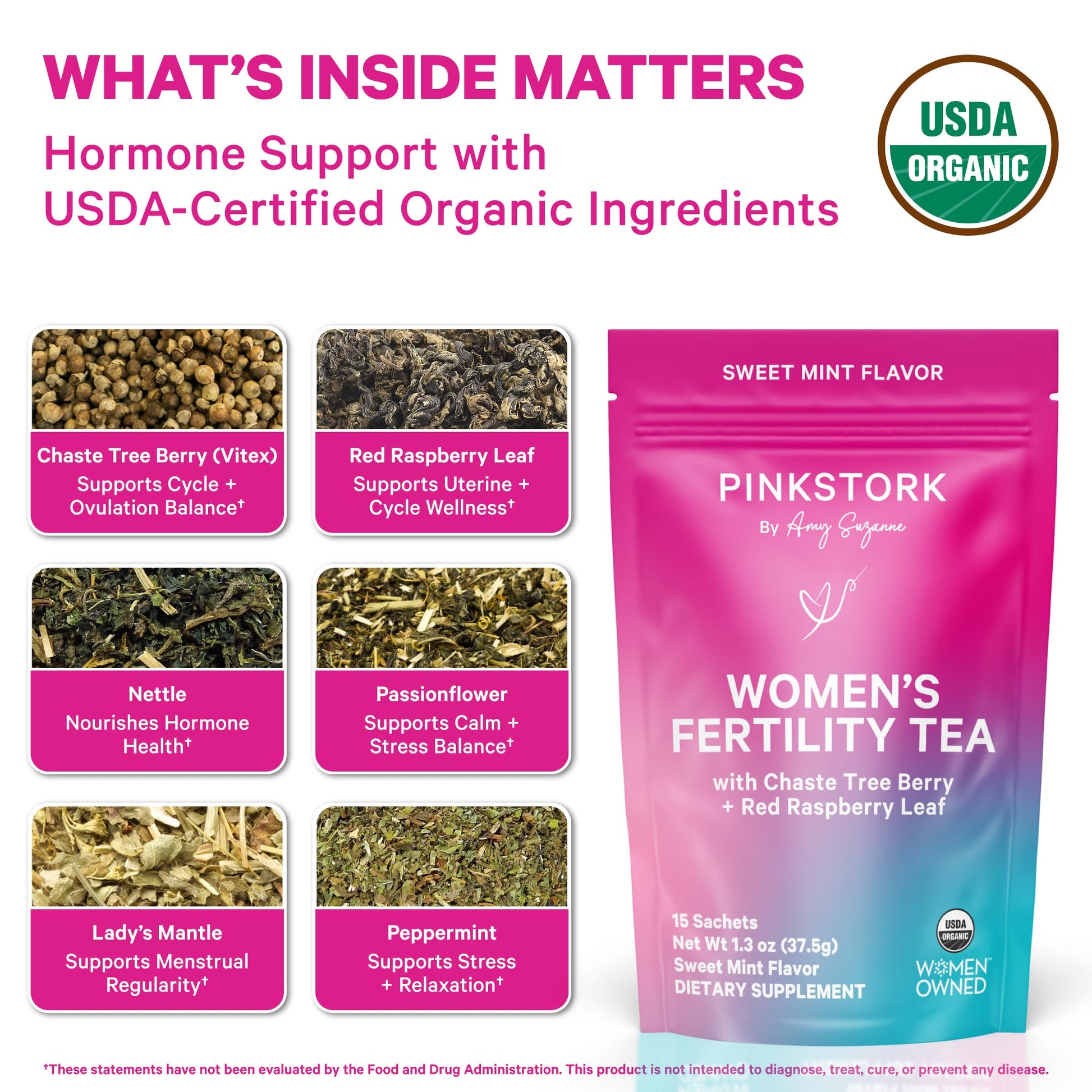 Pink Stork Organic Fertility Tea for Women | Fertility Supplements for Women with Chaste Tree Berry (Vitex) + Red Raspberry Leaf | Hormone Balance Herbal Tea for Conception Support | USDA Organic, Caffeine Free - Sweet Mint, 15 Sachets Pink Stork uk supplements