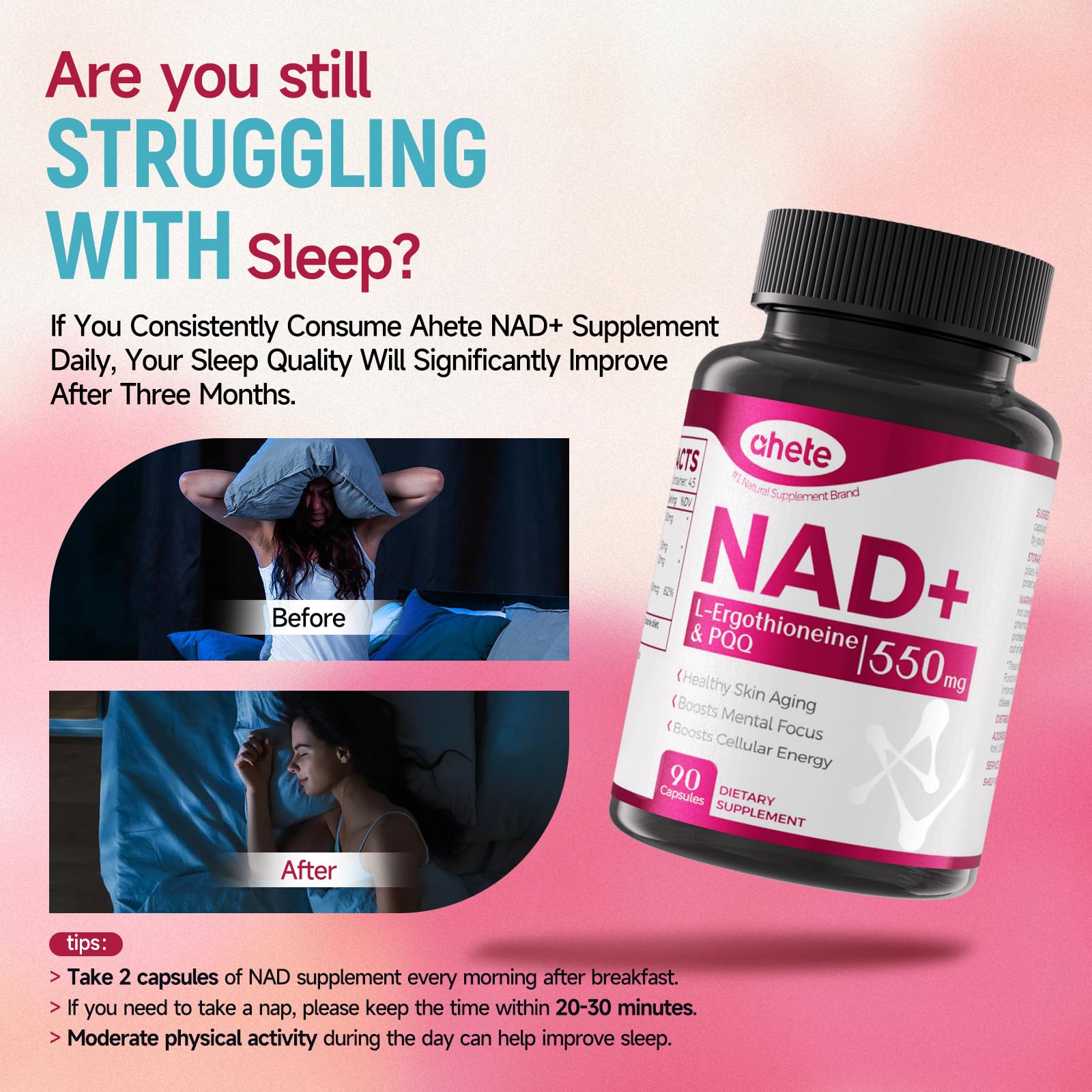 Ahete NAD Supplement with L-Ergothioneine, PQQ, Vitamin B6, and NMNH Supplement - for Cellular Health, Energy Support and Healthy Aging for Women & Men - Vegetarian, Non-GMO, Gluten Free- 90 Capsules Ahete uk supplements