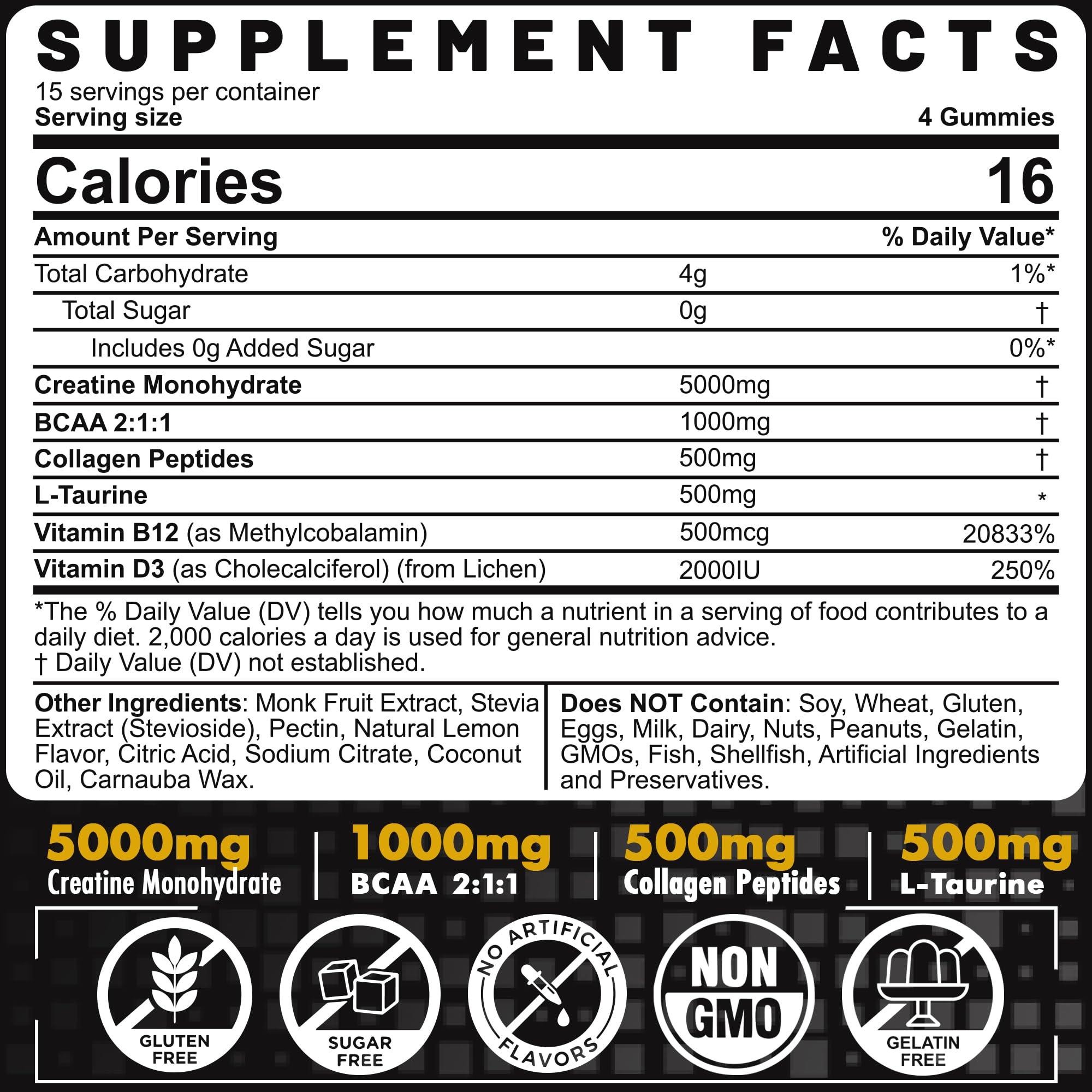 Creatine Monohydrate Gummies for Men & Women - with BCAA, Collagen Peptides, L-Taurine, Vitamin B12, D3, Chewables Creatine Monohydrate 5g Per Serving, Natural Lemon Flavor, Sugar Free, 2 Pack EnvyCure uk supplements