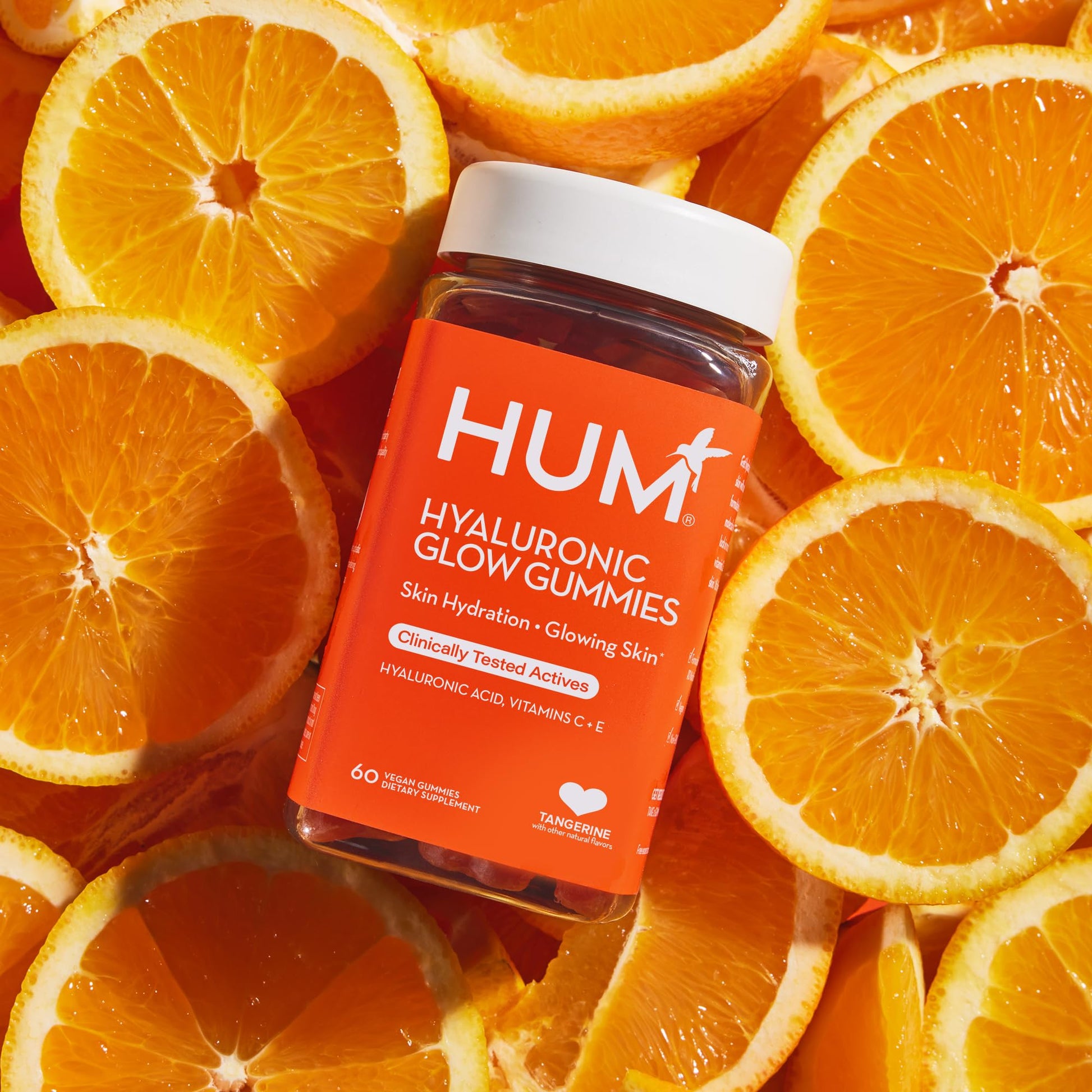 HUM Hyaluronic Glow Hydrating Skin Care Supplement, with Low Molecular Hyaluronic Acid, Vitamin C from Amla Fruit, and Vitamin E, Antioxidant Support for Skin Hydration, Tangerine, 60 Vegan Gummies HUM uk supplements