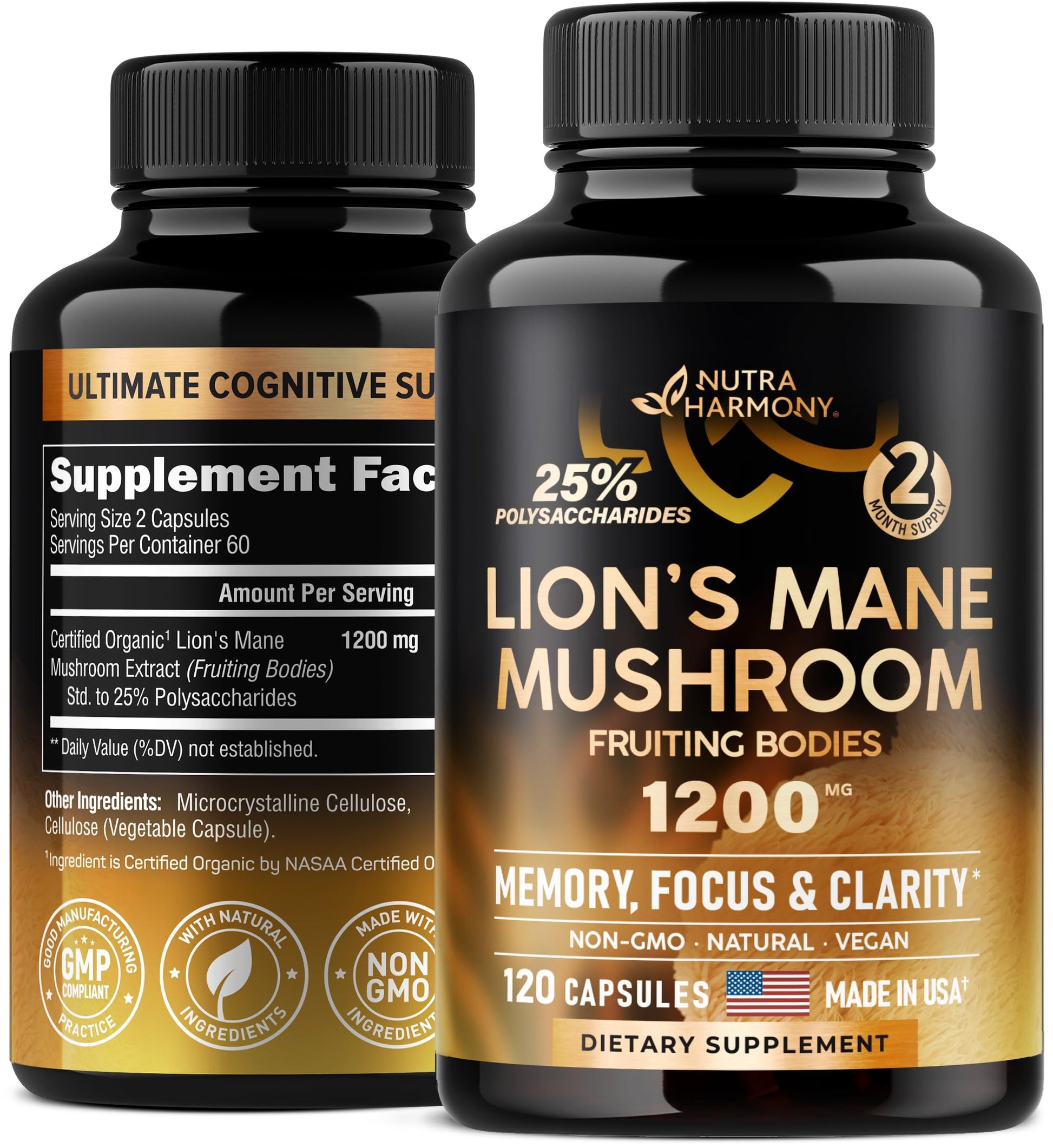 Organic Lions Mane - Certified Mushroom Supplement - Made in USA - Fruiting Bodies NUTRAHARMONY uk supplements