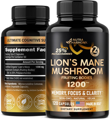 Organic Lions Mane - Certified Mushroom Supplement - Made in USA - Fruiting Bodies NUTRAHARMONY uk supplements