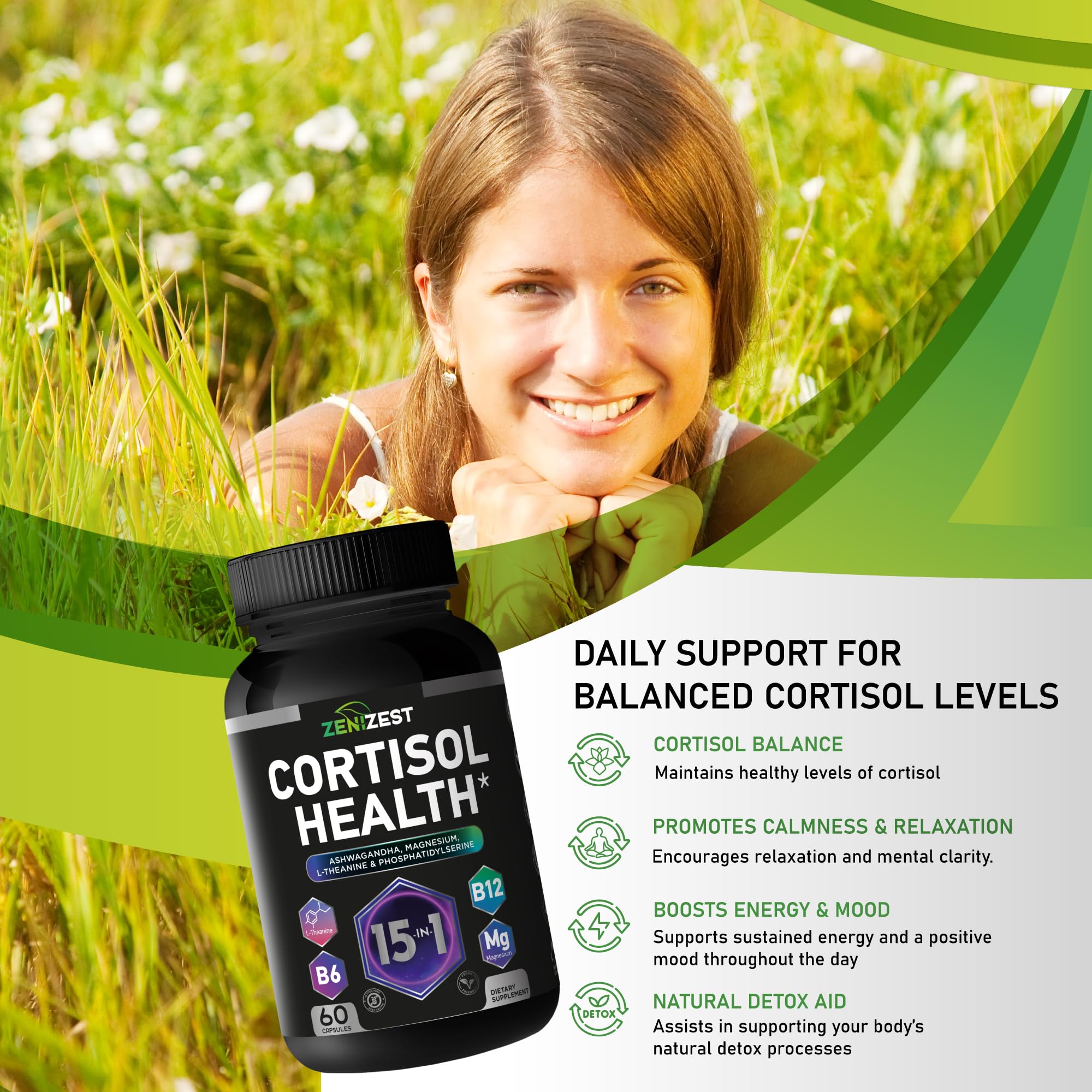 Cortisol Detox Supplement for Women Men - Control & Lower High Cortisol Level - Adrenal Health Balance Cleanse Sleep Stress Support - Magnesium Ashwagandha L-Theanine Cortisol Blocker Reducer ZeniZest uk supplements
