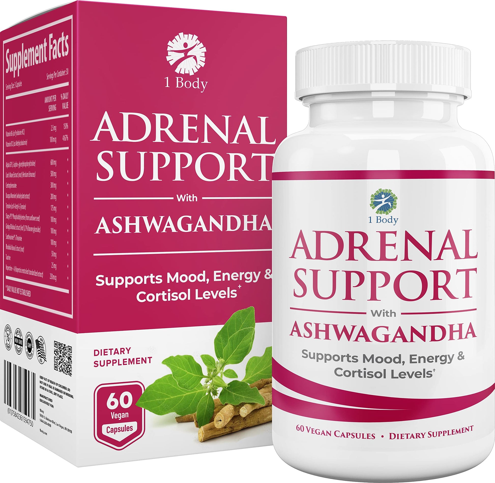 1 Body Adaptogen Complex Supplement with Ashwagandha - 60 Vegan Cap 1 Body uk supplements