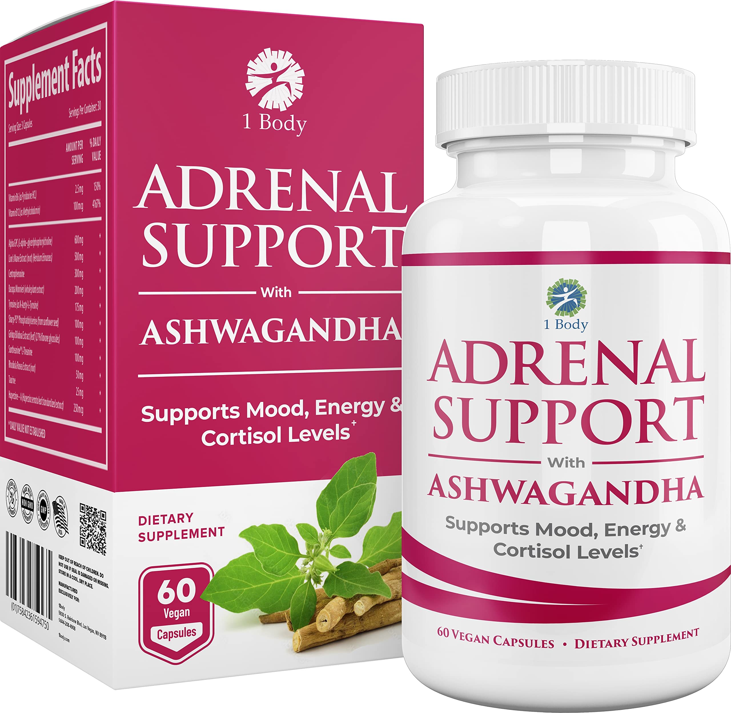 1 Body Adaptogen Complex Supplement with Ashwagandha - 60 Vegan Cap 1 Body uk supplements